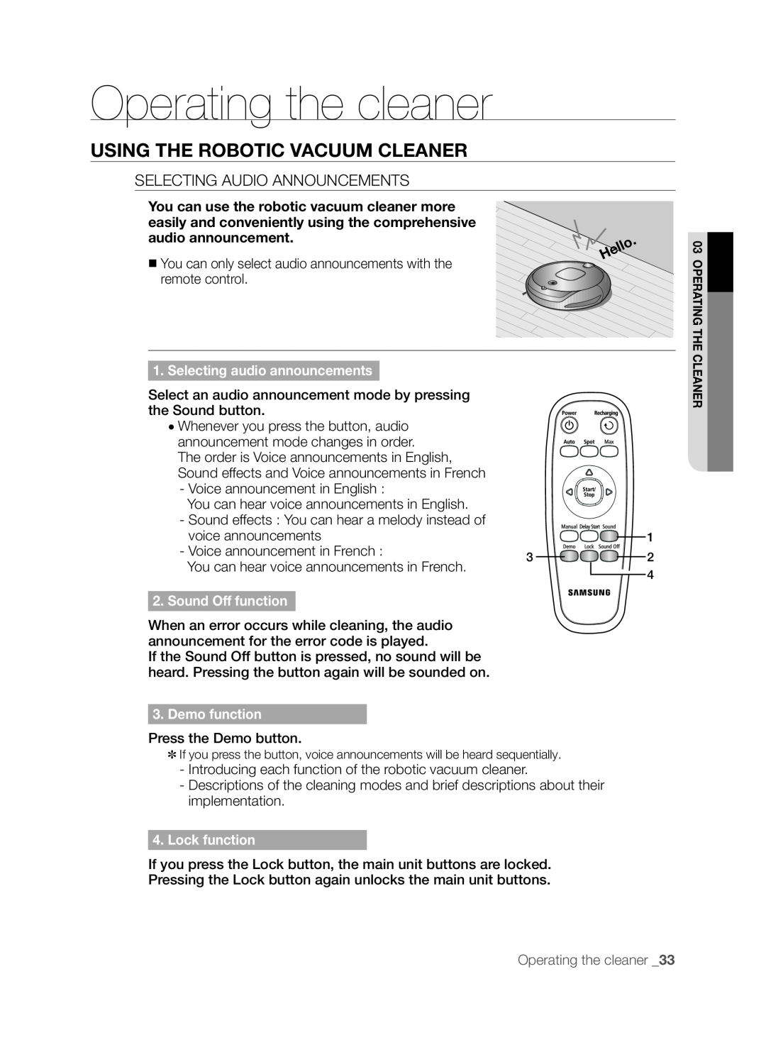Samsung VCR8830T1R Operating the cleaner, Using the robotic vacuum cleaner, Selecting audio announcements, Demo function 