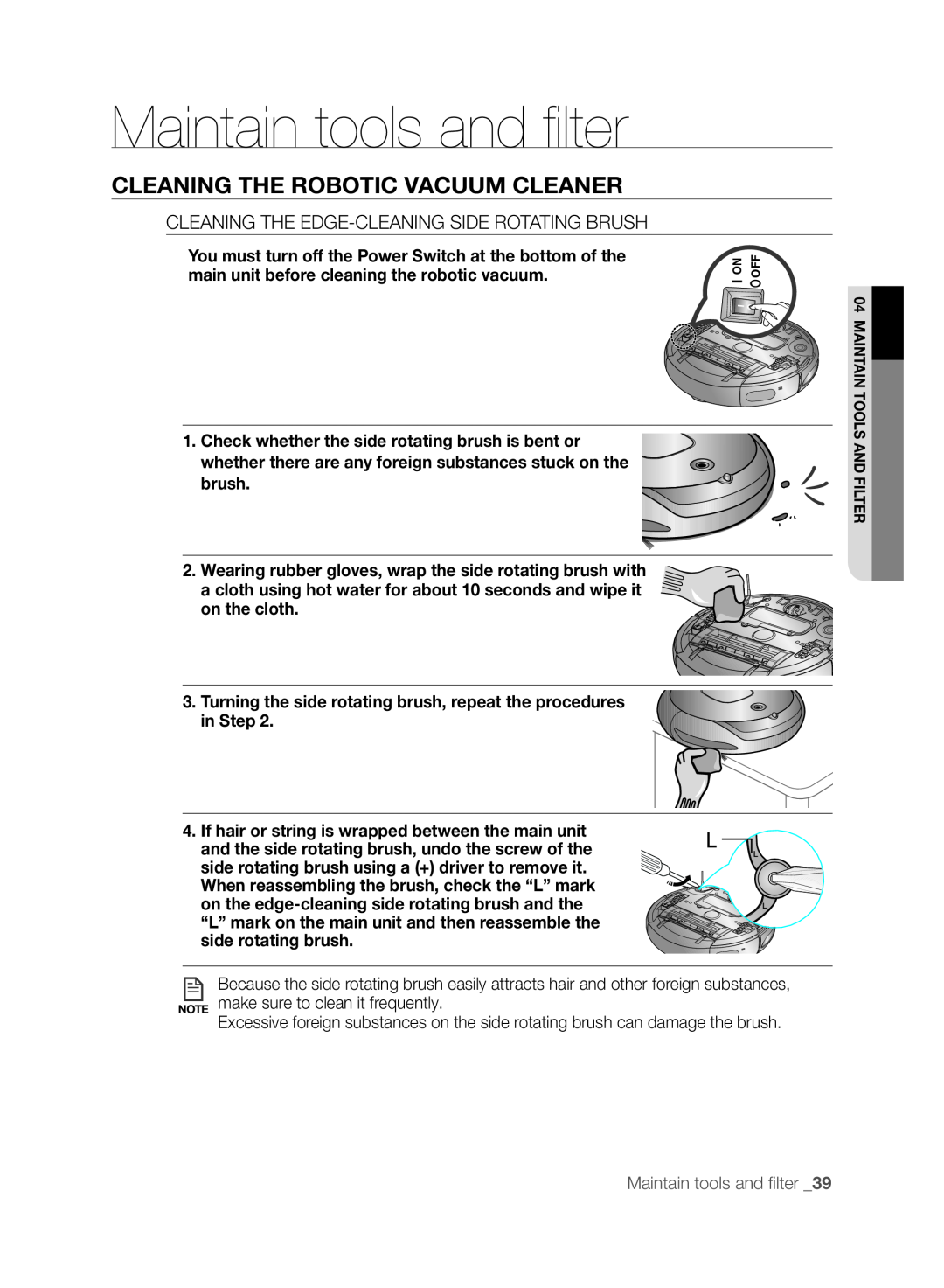 Samsung VCR8830T1R, SR8830, DJ68-00518A user manual Cleaning the robotic vacuum cleaner, Maintain tools and filter _39 