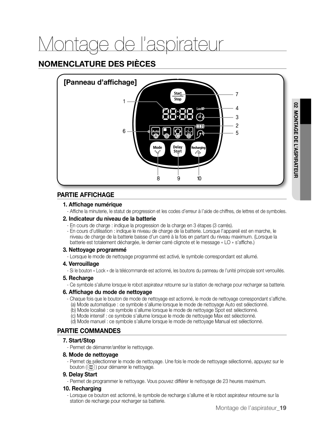 Samsung DJ68-00518A, VCR8830T1R Partie Affichage, Partie Commandes, Montage de l’aspirateur, Nomenclature Des Pièces 