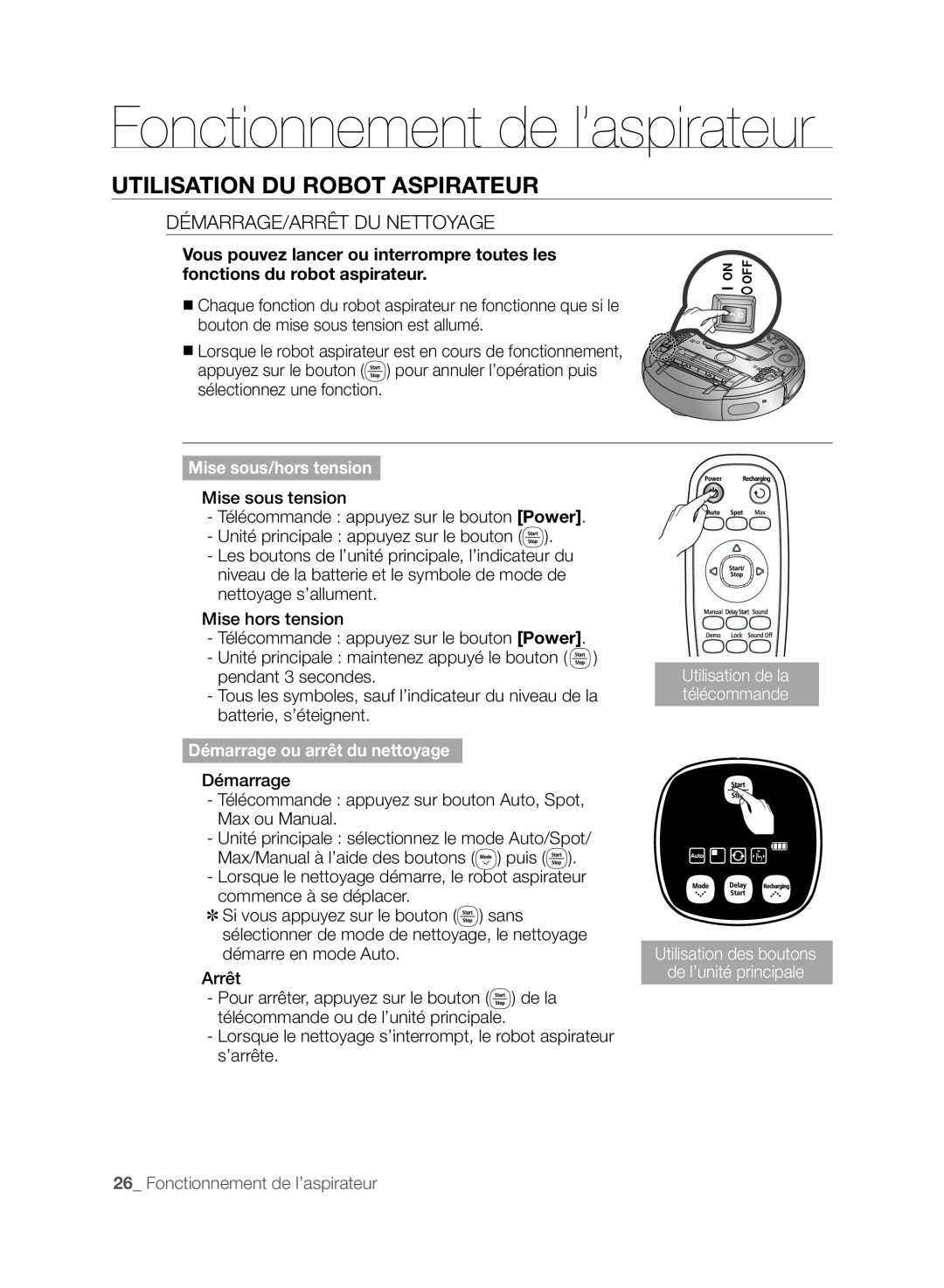Samsung VCR8830T1R, SR8830 Utilisation Du Robot Aspirateur, Fonctionnement de l’aspirateur, Mise sous/hors tension 