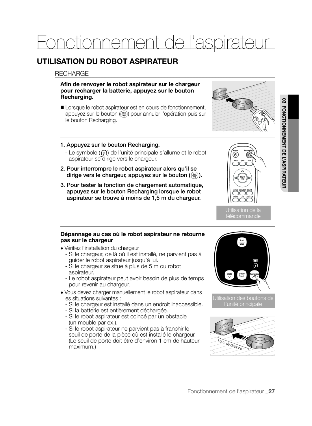 Samsung SR8830, VCR8830T1R, DJ68-00518A user manual Fonctionnement de l’aspirateur, Utilisation Du Robot Aspirateur, Recharge 