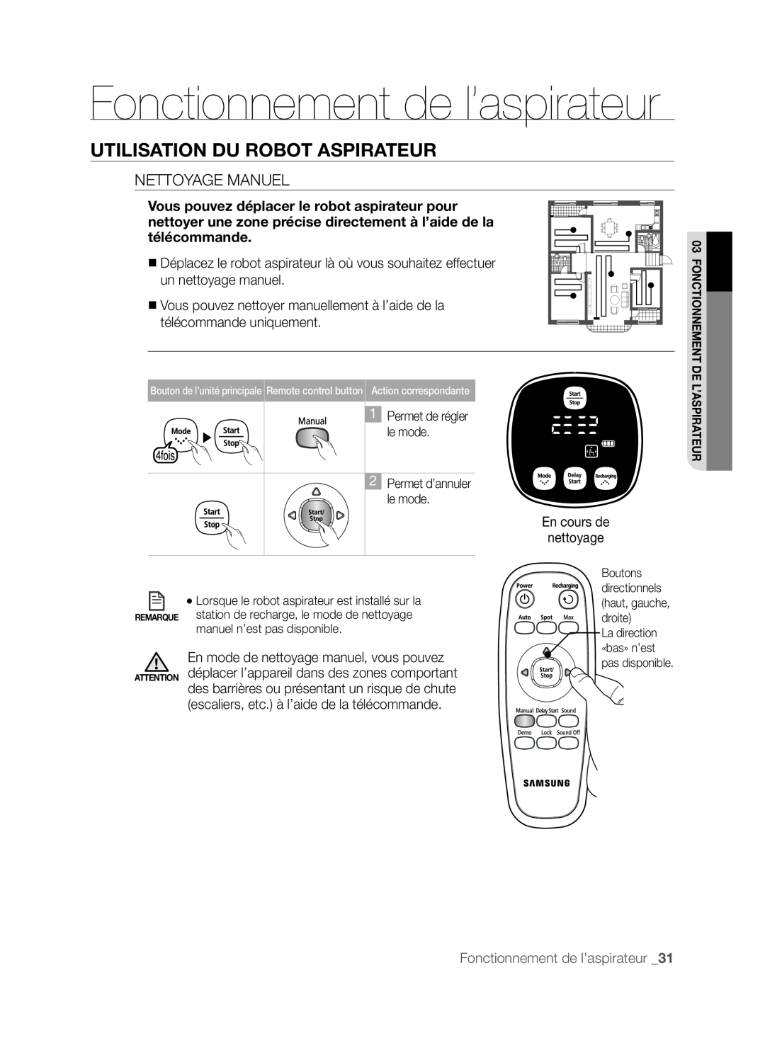 Samsung DJ68-00518A, VCR8830T1R, SR8830 Fonctionnement de l’aspirateur, Utilisation Du Robot Aspirateur, Nettoyage Manuel 