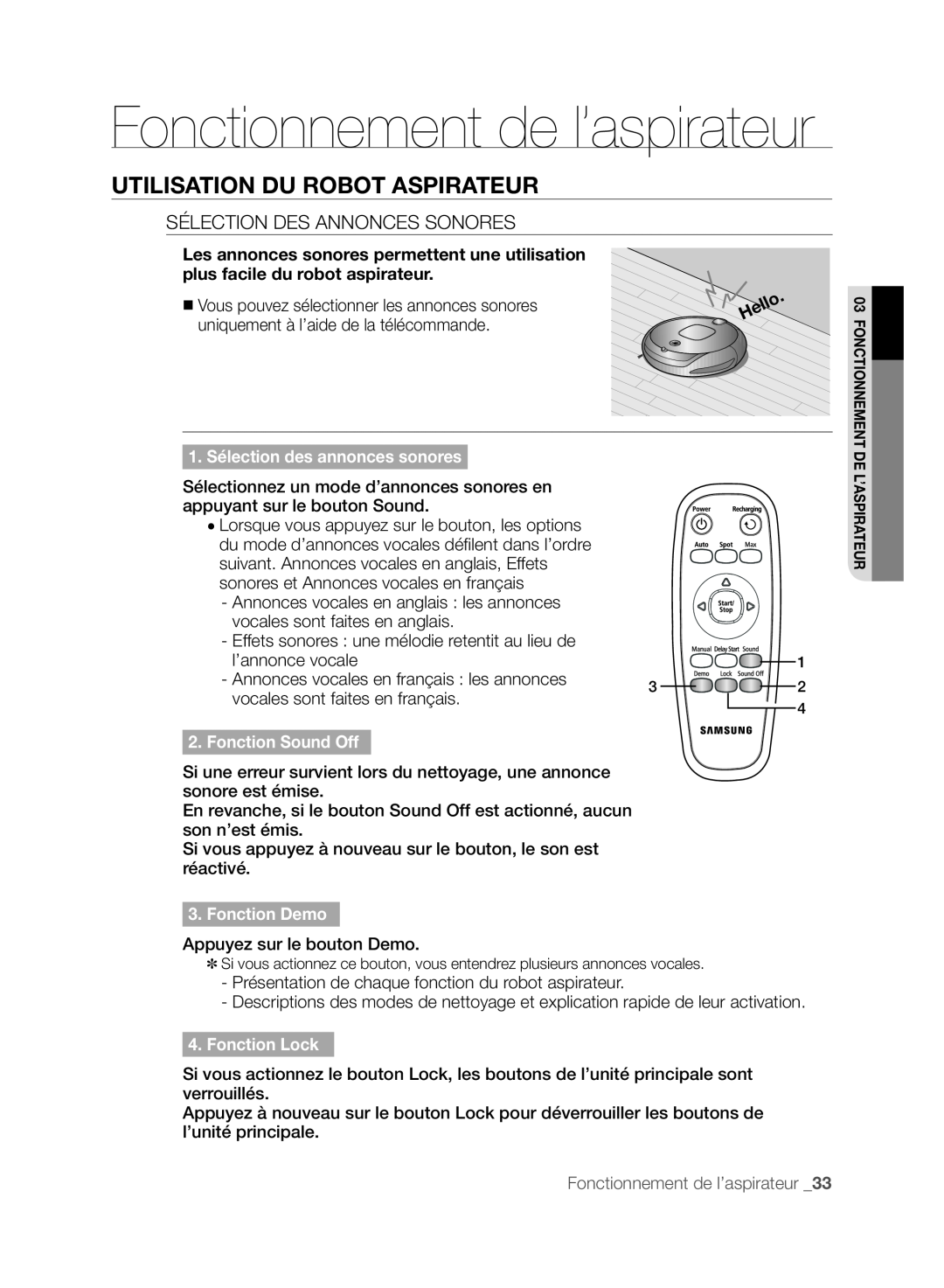 Samsung SR8830 Fonctionnement de l’aspirateur, Utilisation Du Robot Aspirateur, 1. Sélection des annonces sonores 