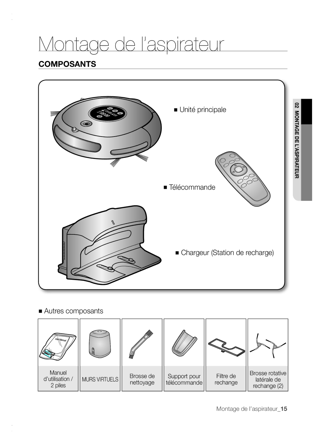 Samsung VCR8840T3K/XEF manual Montage de l’aspirateur, Composants, Support pour, Brosse rotative Latérale de Rechange 