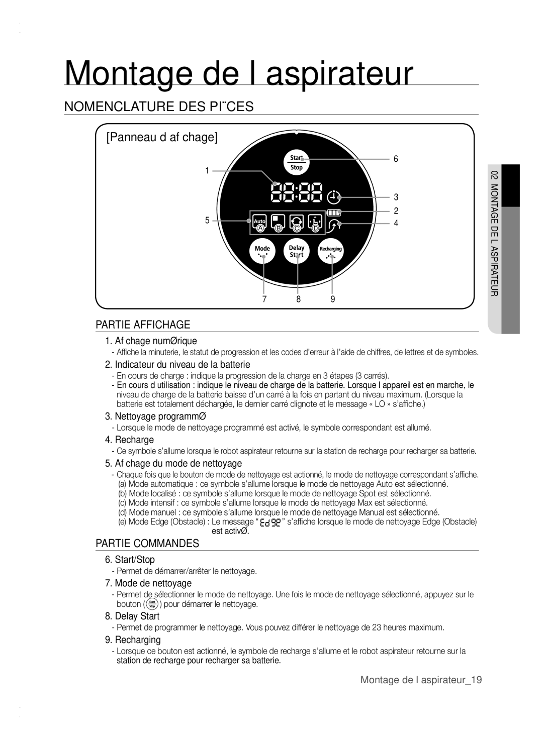 Samsung VCR8840T3K/XEF Affichage numérique, Indicateur du niveau de la batterie, Nettoyage programmé, Recharge, Start/Stop 