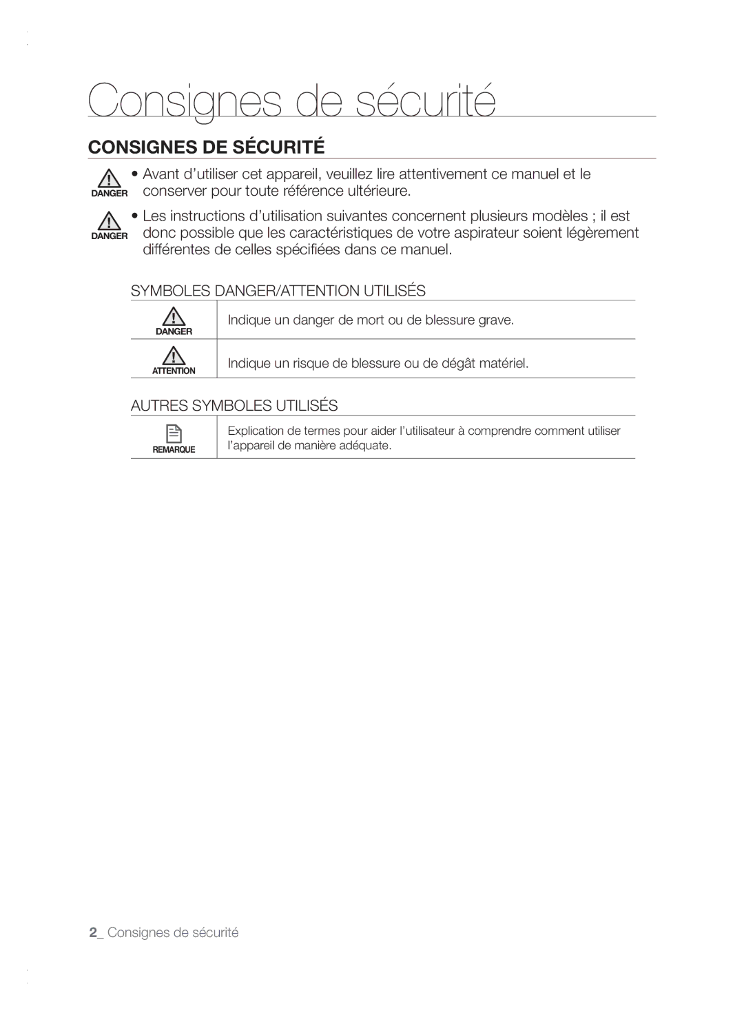 Samsung VCR8840T3K/XEF manual Consignes de sécurité, Consignes DE Sécurité, Symboles DANGER/ATTENTION Utilisés 