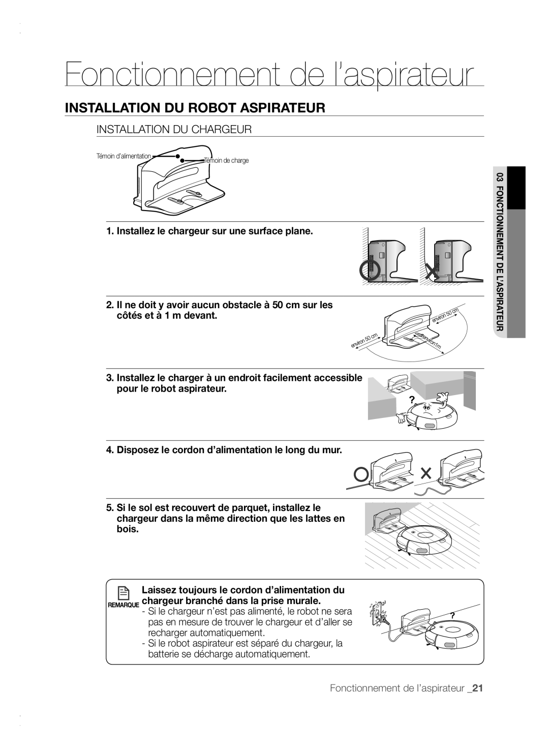 Samsung VCR8840T3K/XEF manual Fonctionnement de l’aspirateur, Installation DU Chargeur 