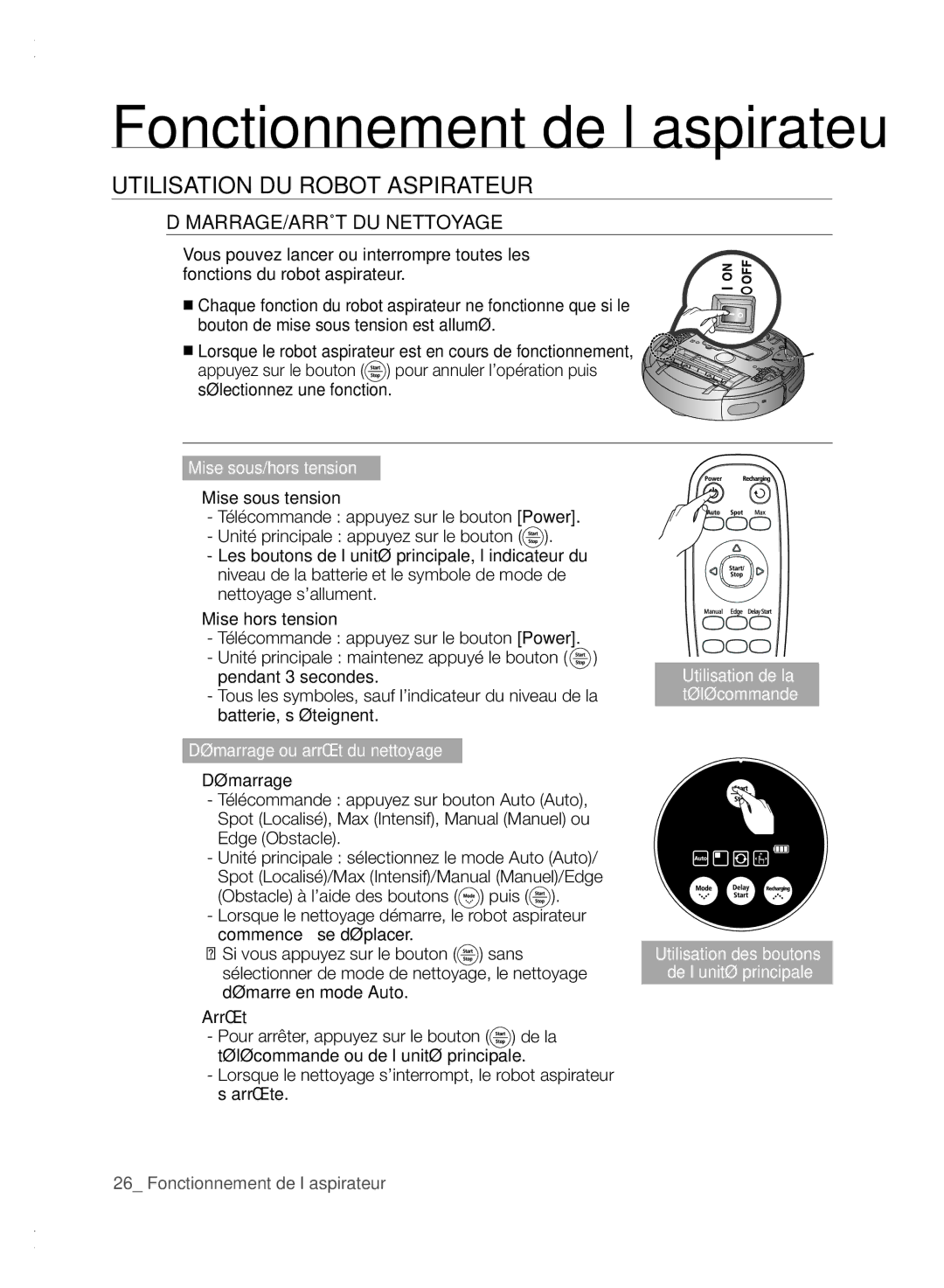 Samsung VCR8840T3K/XEF manual Utilisation DU Robot Aspirateur, DÉMARRAGE/ARRÊT DU Nettoyage 