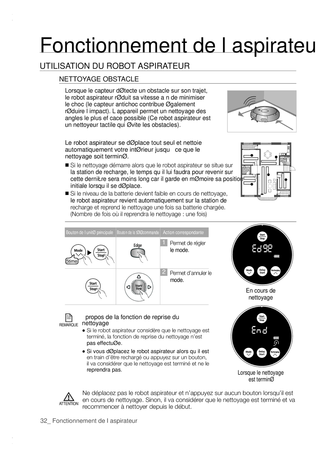 Samsung VCR8840T3K/XEF manual Nettoyage Obstacle, En cours de Nettoyage Lorsque le nettoyage Est terminé 