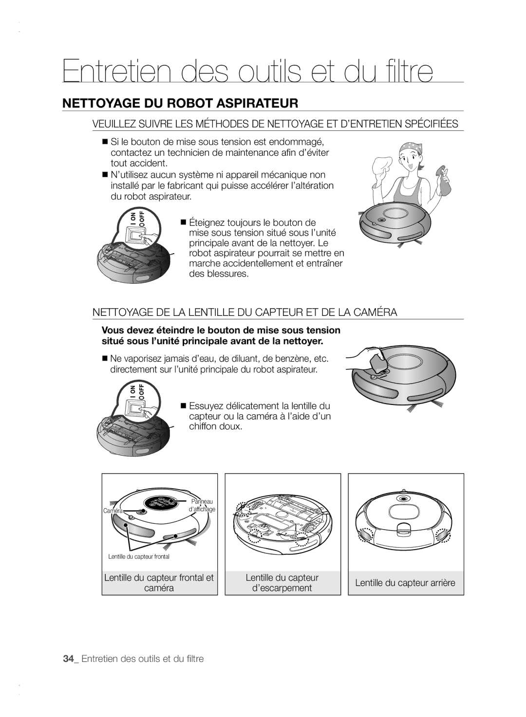 Samsung VCR8840T3K/XEF manual Entretien des outils et du filtre, Nettoyage DU Robot Aspirateur, Caméra 