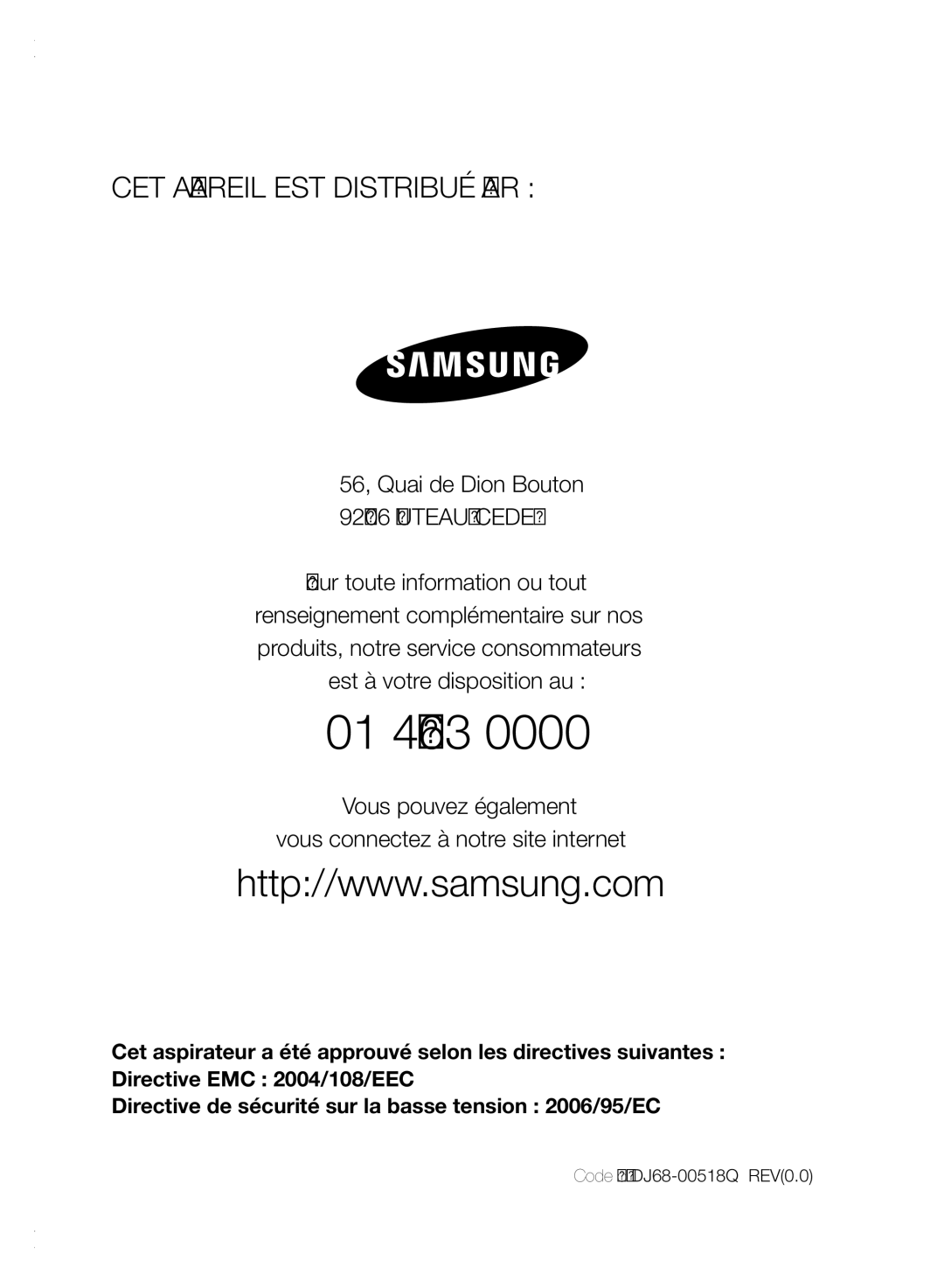 Samsung VCR8840T3K/XEF manual CET Appareil EST Distribué PAR, Code No. DJ68-00518Q REV0.0 