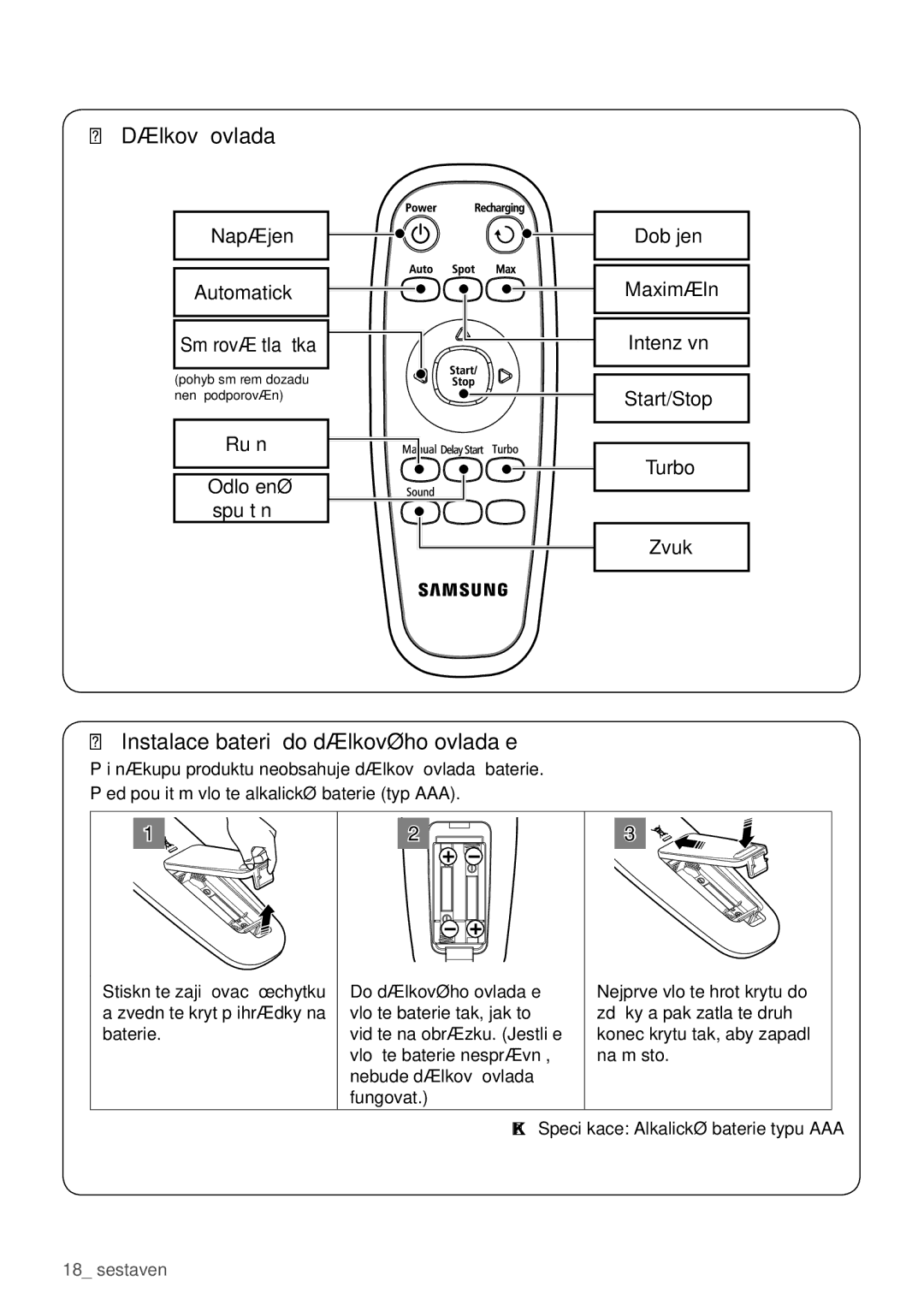 Samsung VCR8840T3R/XEO, VCR8930L3G/XEO manual Instalace baterií do dálkového ovladače 