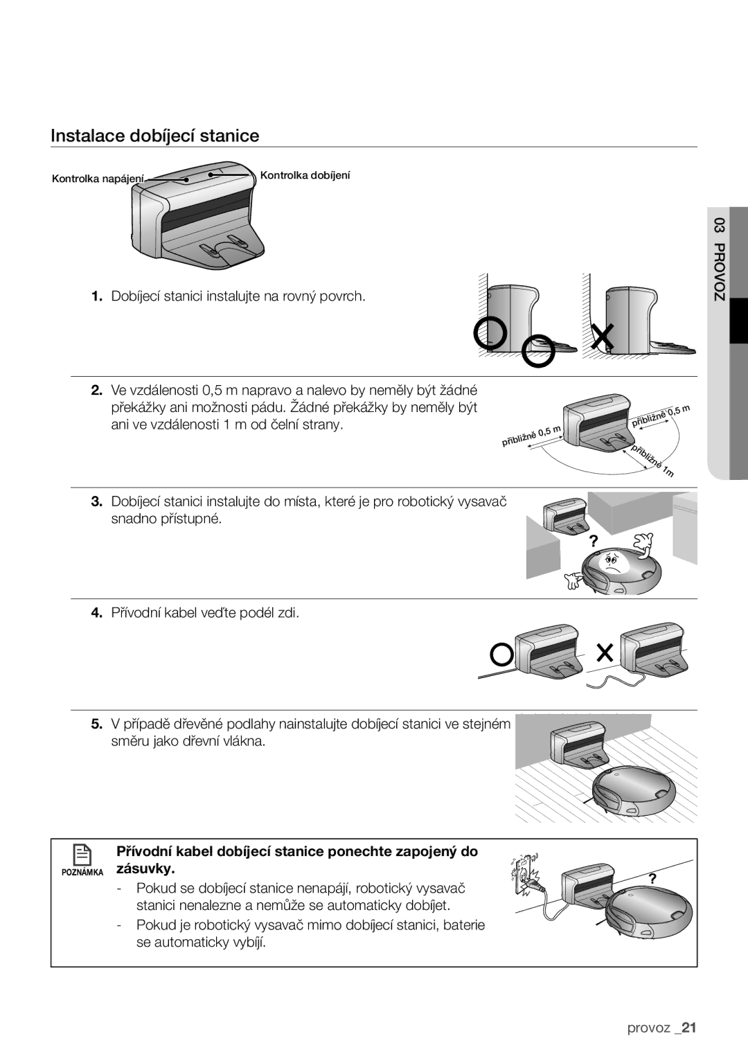 Samsung VCR8930L3G/XEO, VCR8840T3R/XEO Instalace dobíjecí stanice, Přívodní kabel dobíjecí stanice ponechte zapojený do 