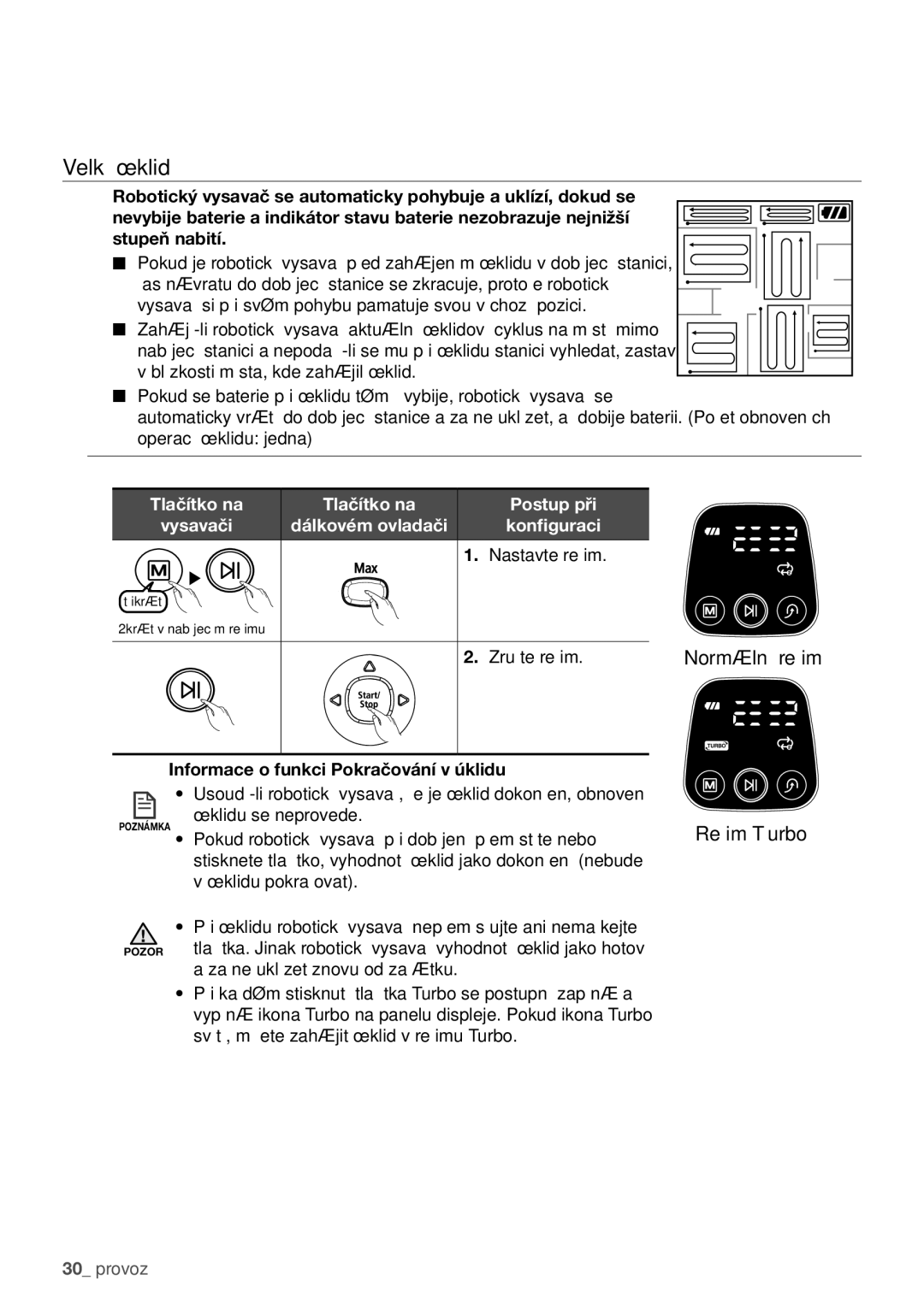 Samsung VCR8840T3R/XEO, VCR8930L3G/XEO manual Velký úklid, Zrušte režim Normální režim 