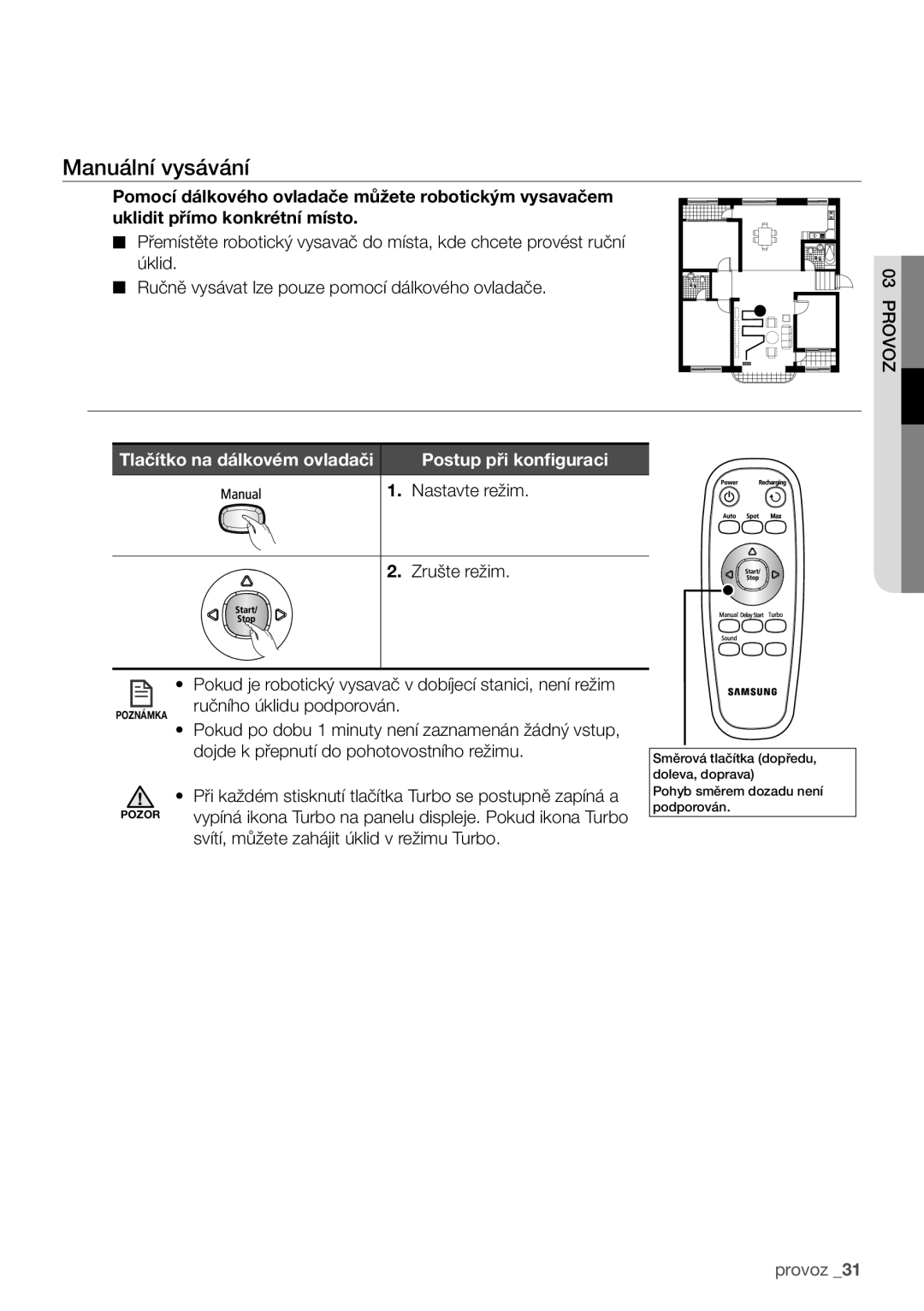 Samsung VCR8930L3G/XEO manual Manuální vysávání, Tlačítko na dálkovém ovladači, Svítí, můžete zahájit úklid v režimu Turbo 