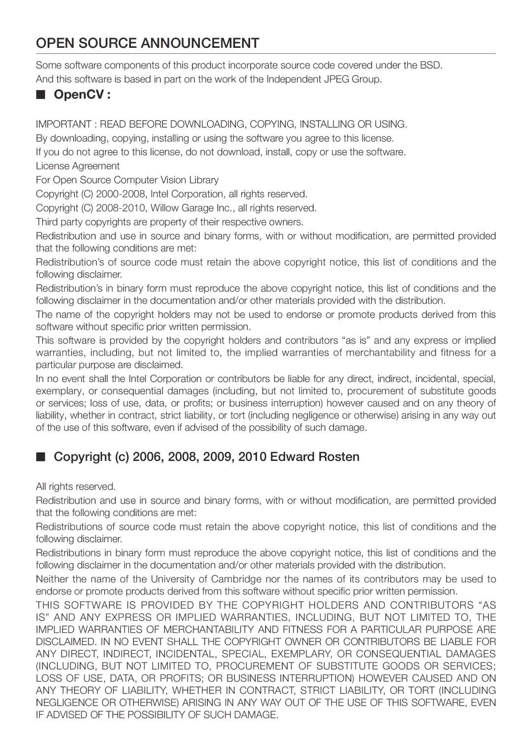 Samsung VCR8840T3R/XEO, VCR8930L3G/XEO manual Open Source Announcement, Copyright c 2006, 2008, 2009, 2010 Edward Rosten 