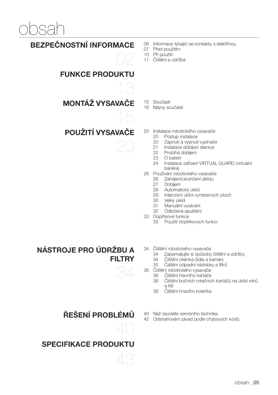 Samsung VCR8930L3G/XEO, VCR8840T3R/XEO manual Obsah, Filtry 