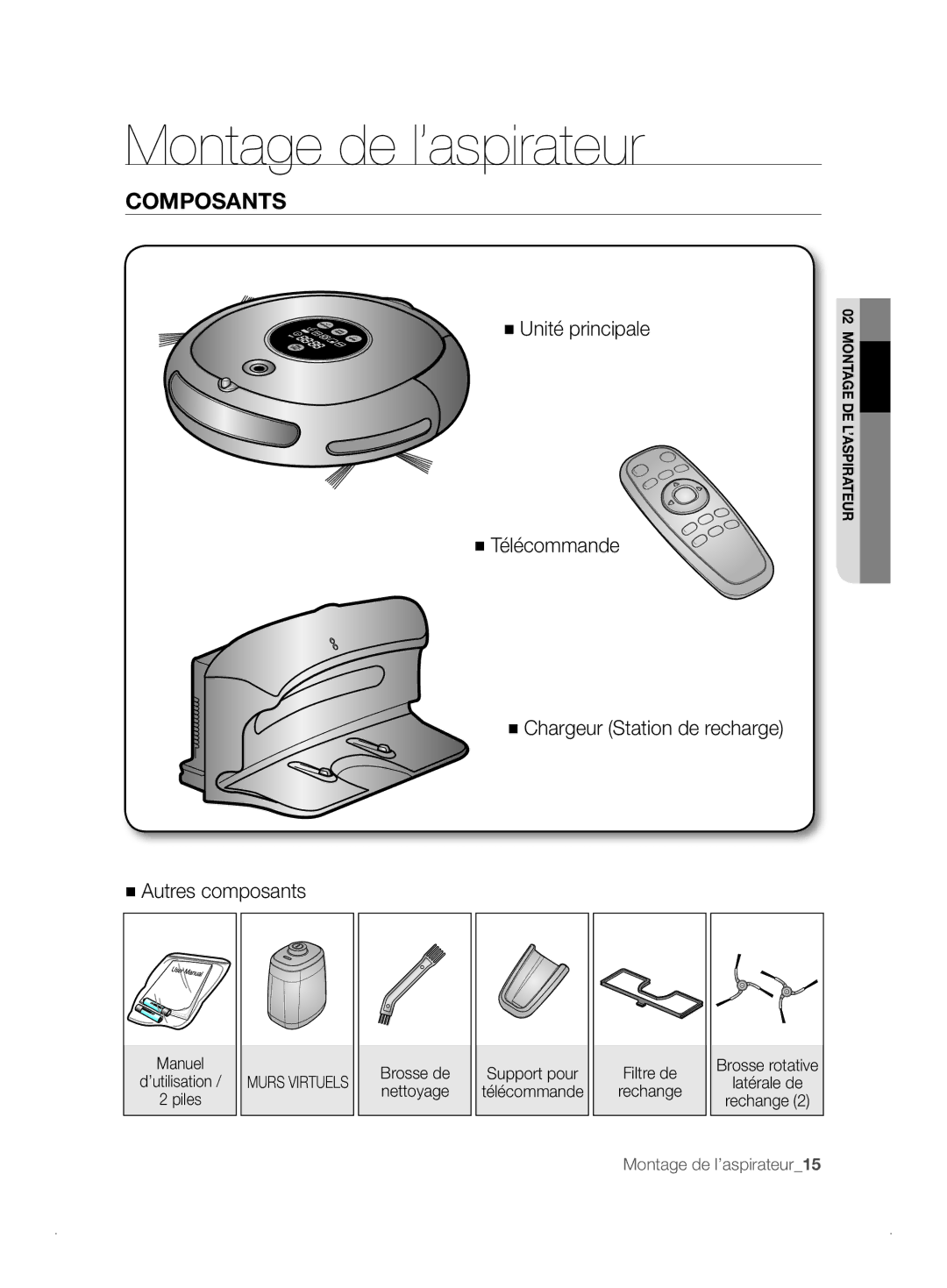 Samsung VCR8841T3B/XEF manual Montage de l’aspirateur, Composants, Manuel Brosse de Support pour Filtre de, Nettoyage 