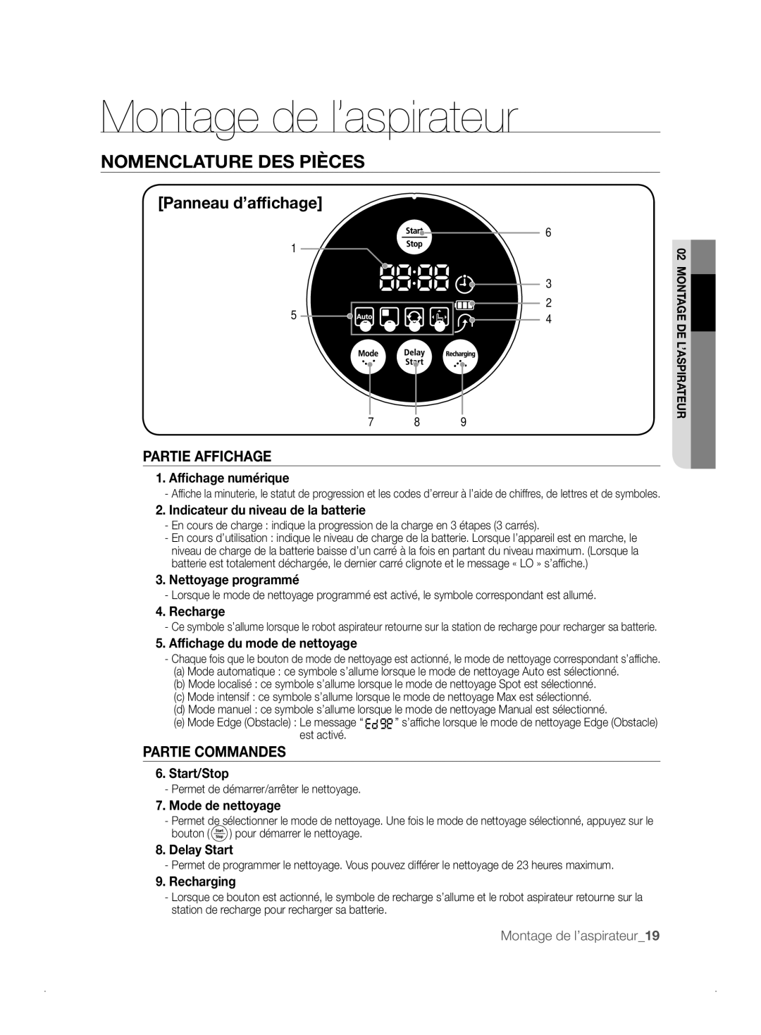 Samsung VCR8841T3B/XEF Afﬁchage numérique, Indicateur du niveau de la batterie, Nettoyage programmé, Recharge, Start/Stop 