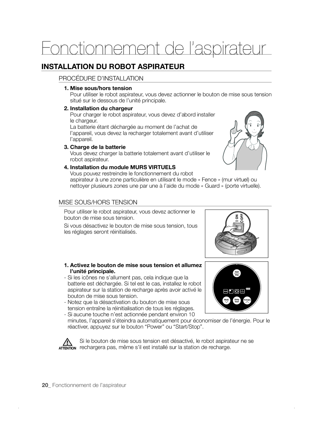 Samsung VCR8841T3B/XEF manual Installation DU Robot Aspirateur, Procédure D’INSTALLATION, Mise SOUS/HORS Tension 