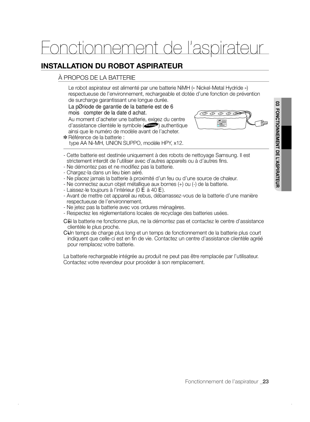 Samsung VCR8841T3B/XEF manual Propos DE LA Batterie 