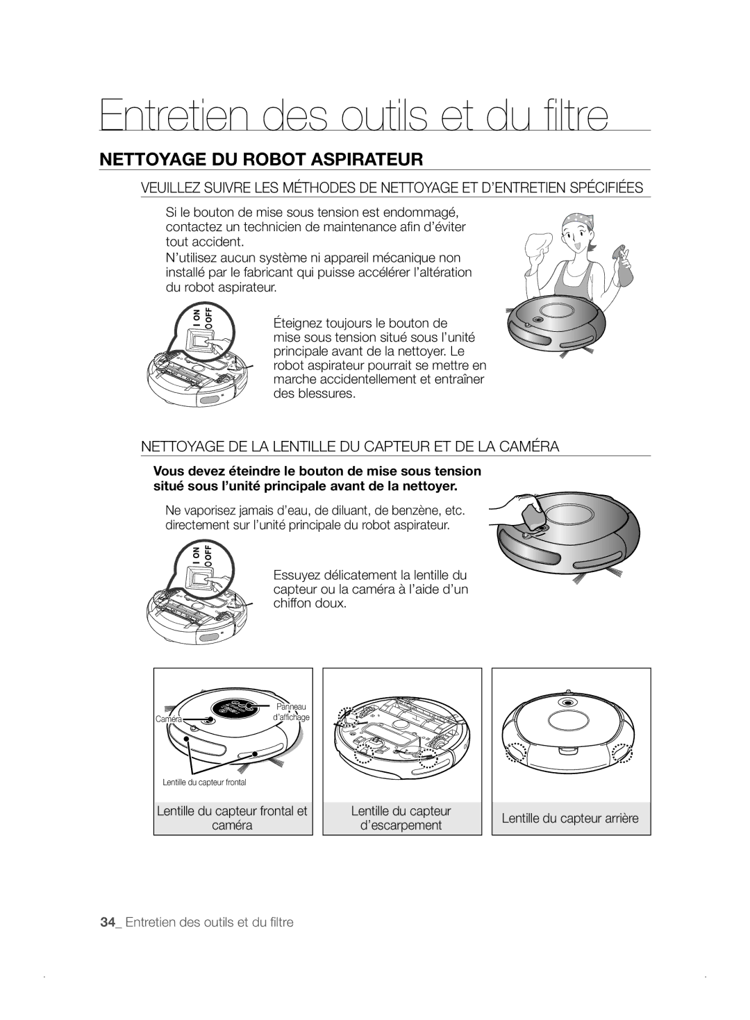 Samsung VCR8841T3B/XEF manual Entretien des outils et du ﬁ ltre, Nettoyage DU Robot Aspirateur, Caméra 