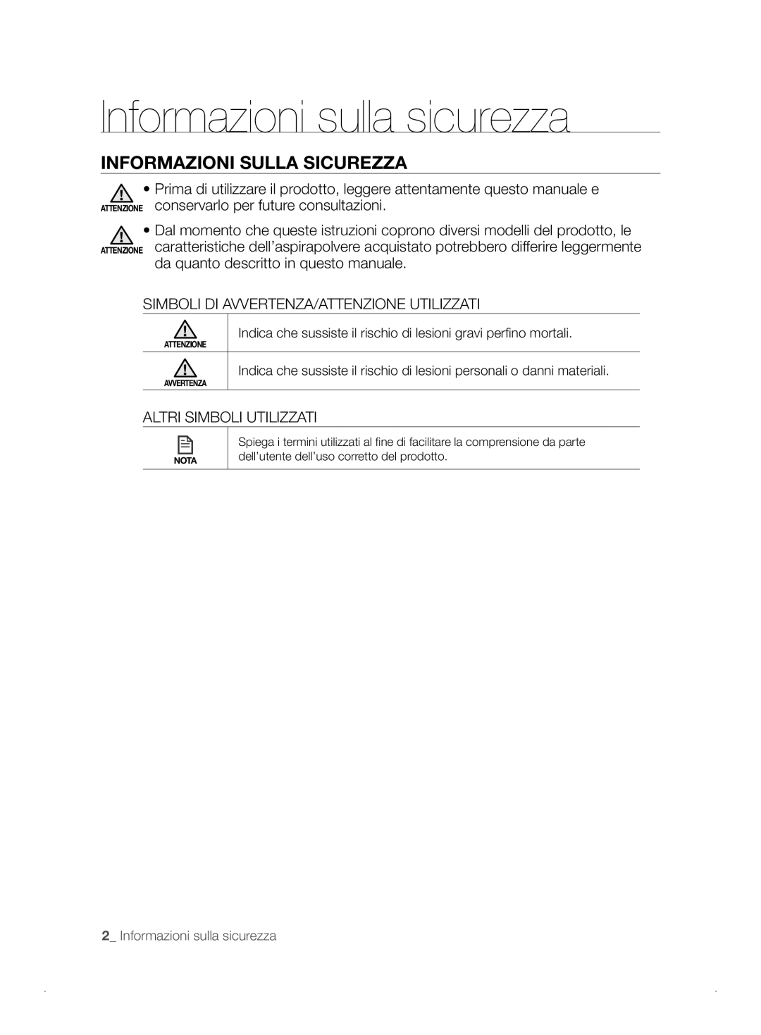 Samsung VCR8841T3B/XEF manual Informazioni sulla sicurezza, Informazioni Sulla Sicurezza, Altri Simboli Utilizzati 