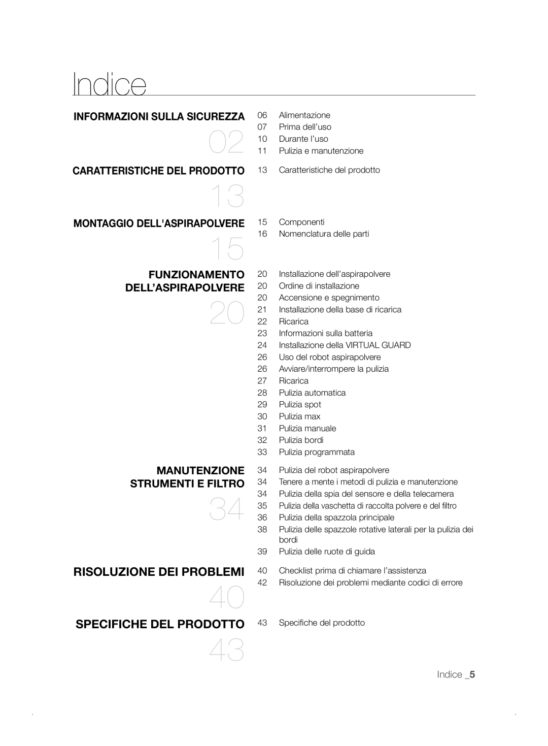 Samsung VCR8841T3B/XEF manual Indice, Dell’Aspirapolvere 