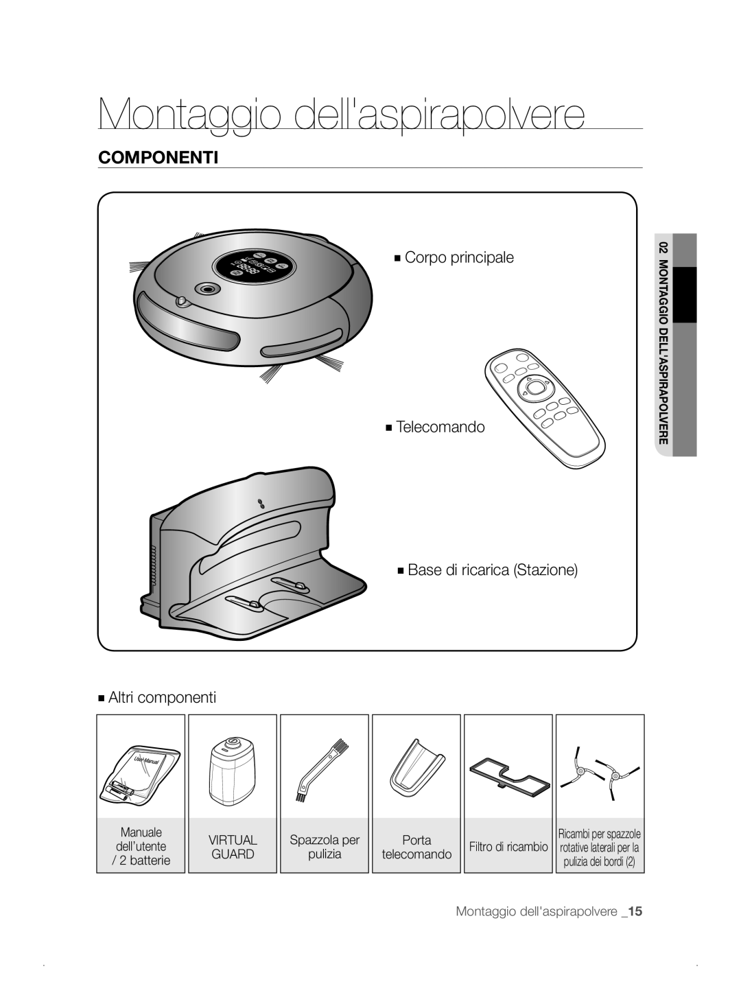 Samsung VCR8841T3B/XEF manual Montaggio dellaspirapolvere, Componenti, Manuale, Spazzola per Porta 