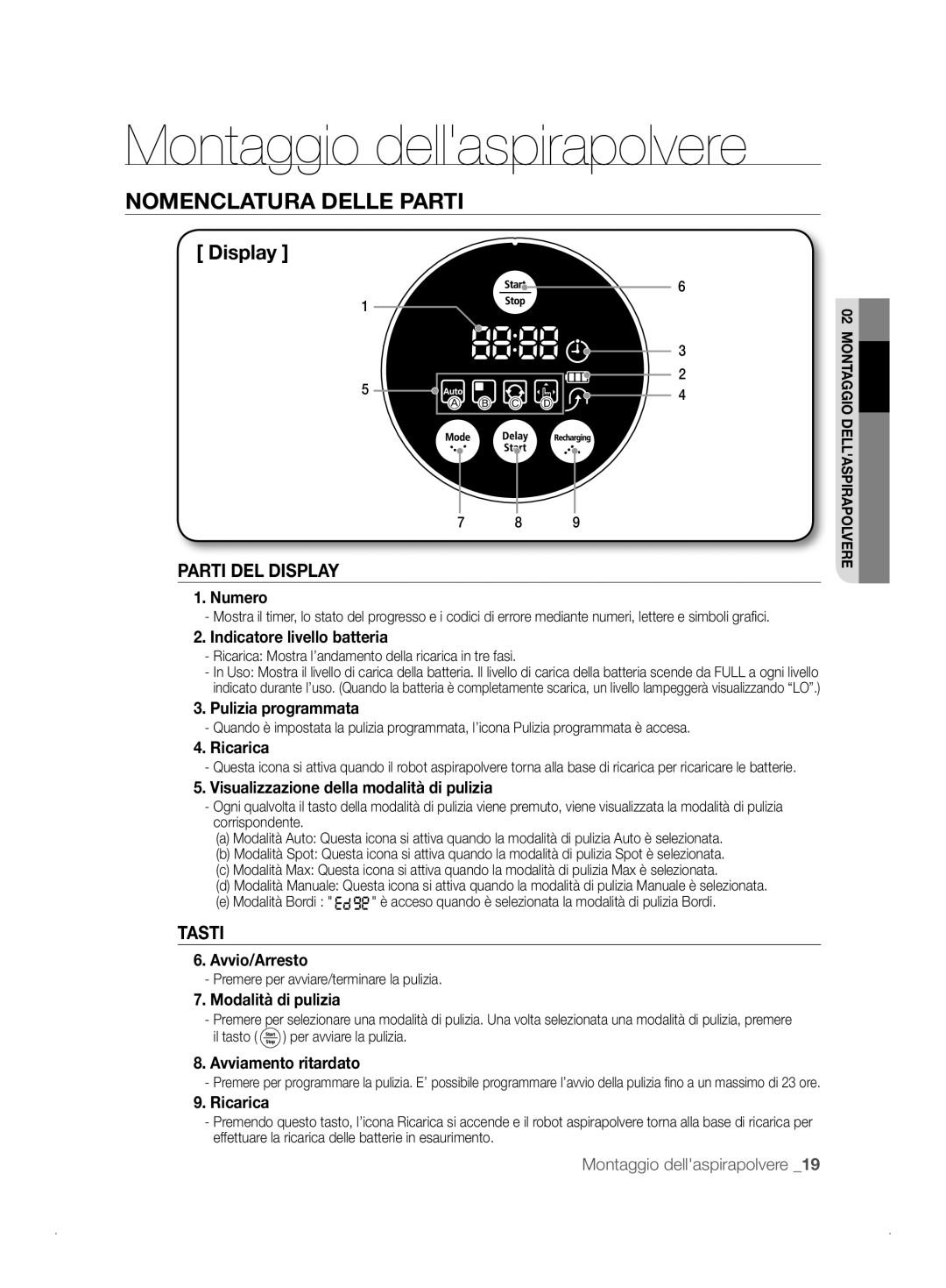 Samsung VCR8841T3B/XEF Numero, Indicatore livello batteria, Pulizia programmata, Visualizzazione della modalità di pulizia 