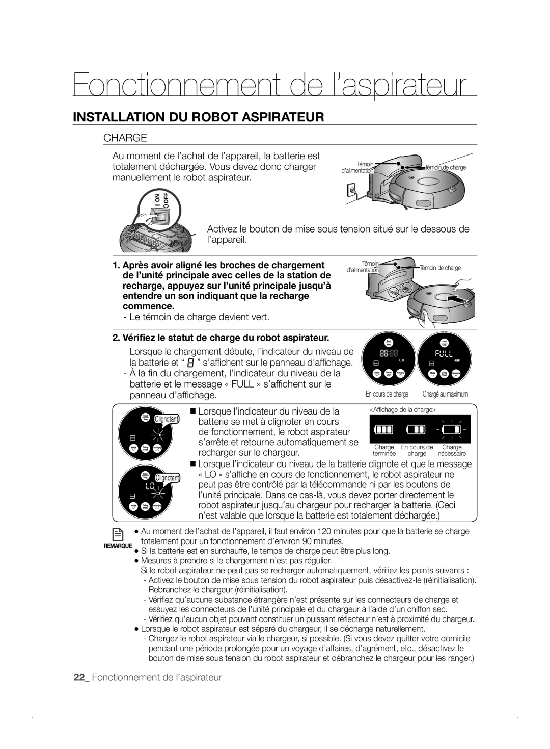 Samsung VCR8841T3B/XEF manual Fonctionnement de l’aspirateur, Installation Du Robot Aspirateur, Charge, commence 