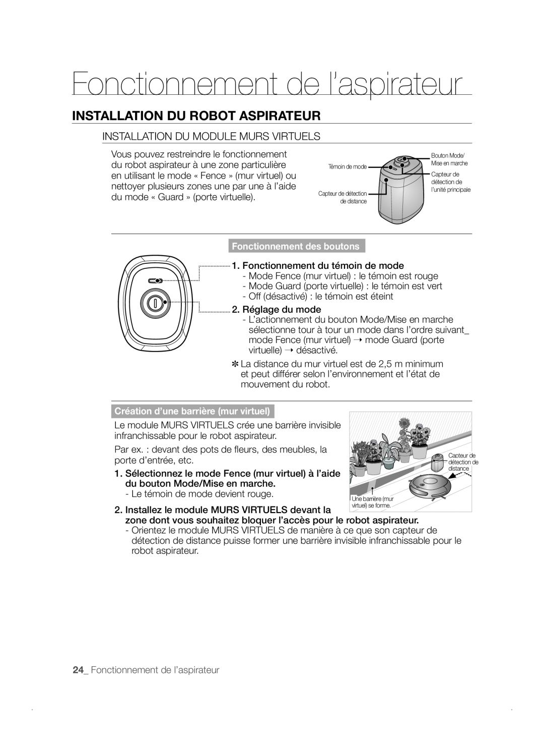 Samsung VCR8841T3B/XEF manual Fonctionnement de l’aspirateur, Installation Du Robot Aspirateur, Fonctionnement des boutons 