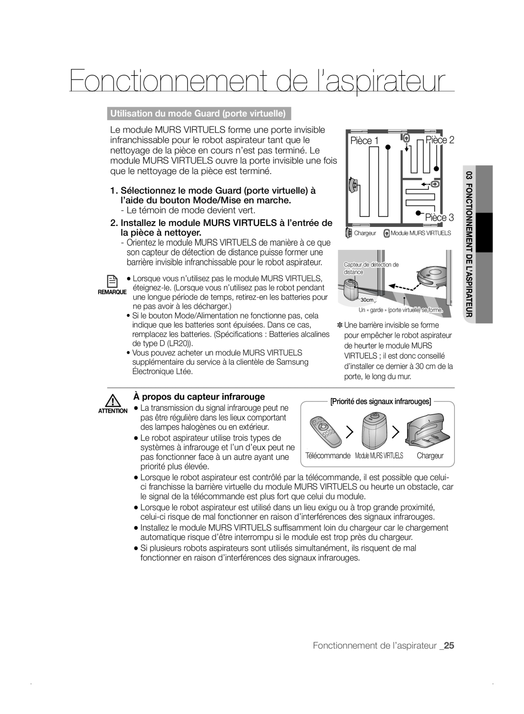 Samsung VCR8841T3B/XEF manual Fonctionnement de l’aspirateur, Pièce, Utilisation du mode Guard porte virtuelle 