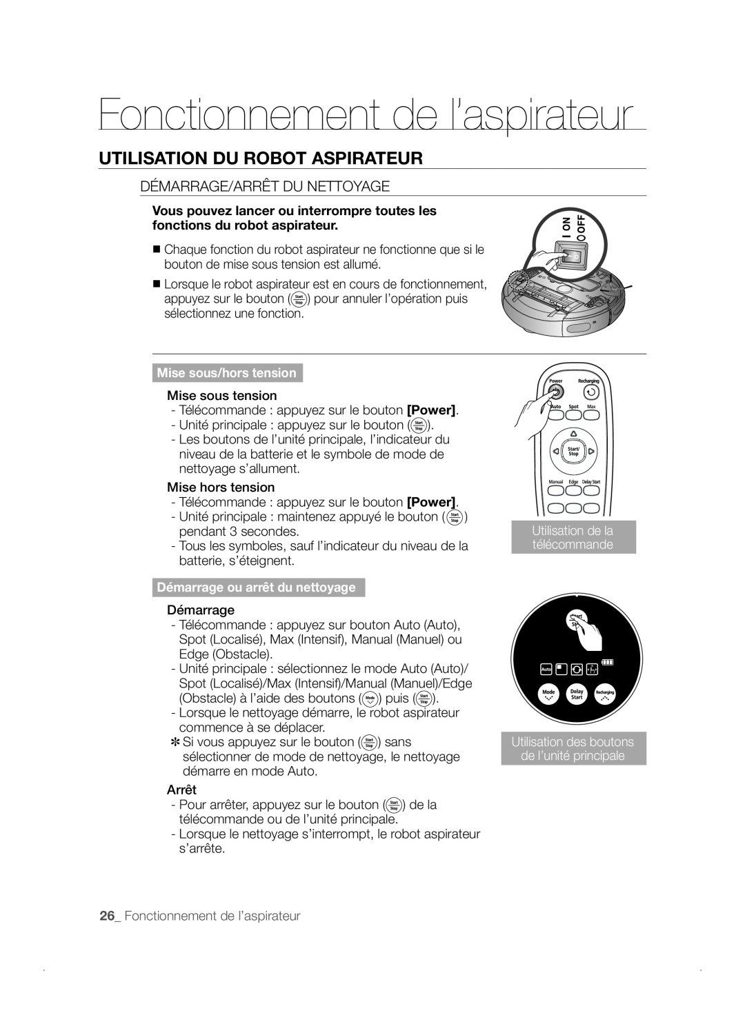 Samsung VCR8841T3B/XEF manual Utilisation Du Robot Aspirateur, Fonctionnement de l’aspirateur, Mise sous/hors tension 
