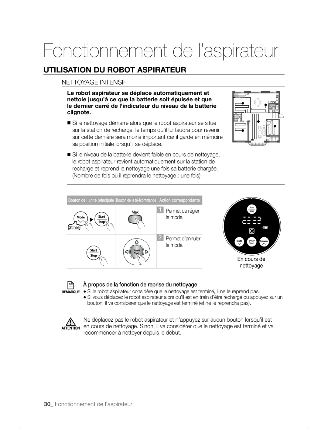 Samsung VCR8841T3B/XEF manual Fonctionnement de l’aspirateur, Utilisation Du Robot Aspirateur, Nettoyage Intensif 