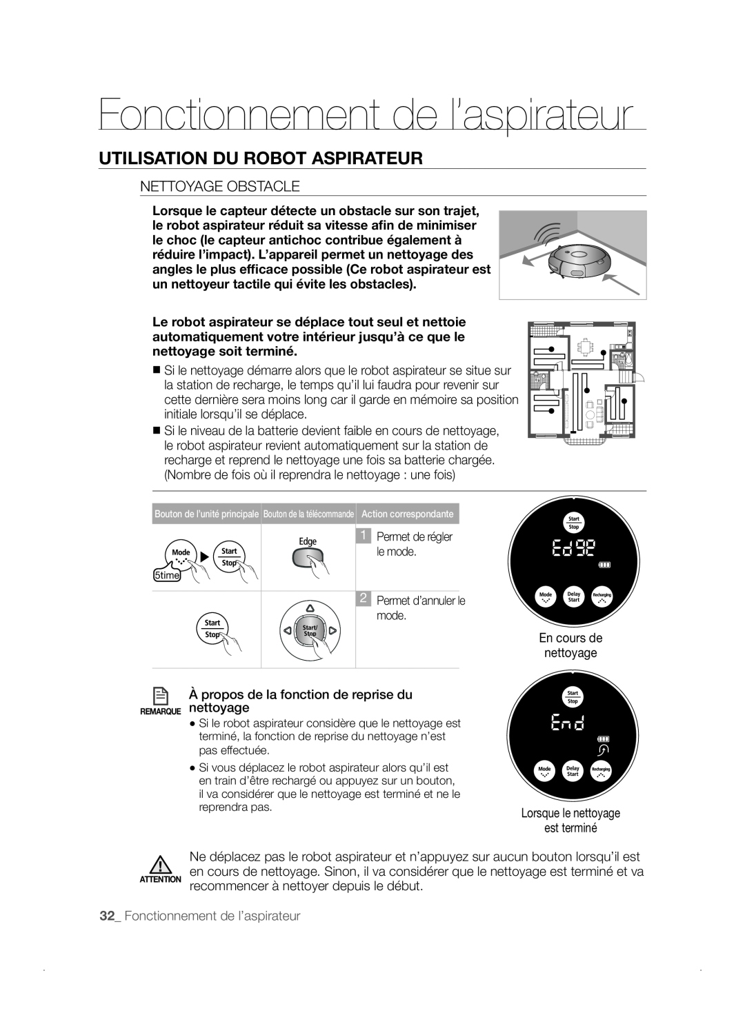 Samsung VCR8841T3B/XEF manual Fonctionnement de l’aspirateur, Utilisation Du Robot Aspirateur, Nettoyage Obstacle 