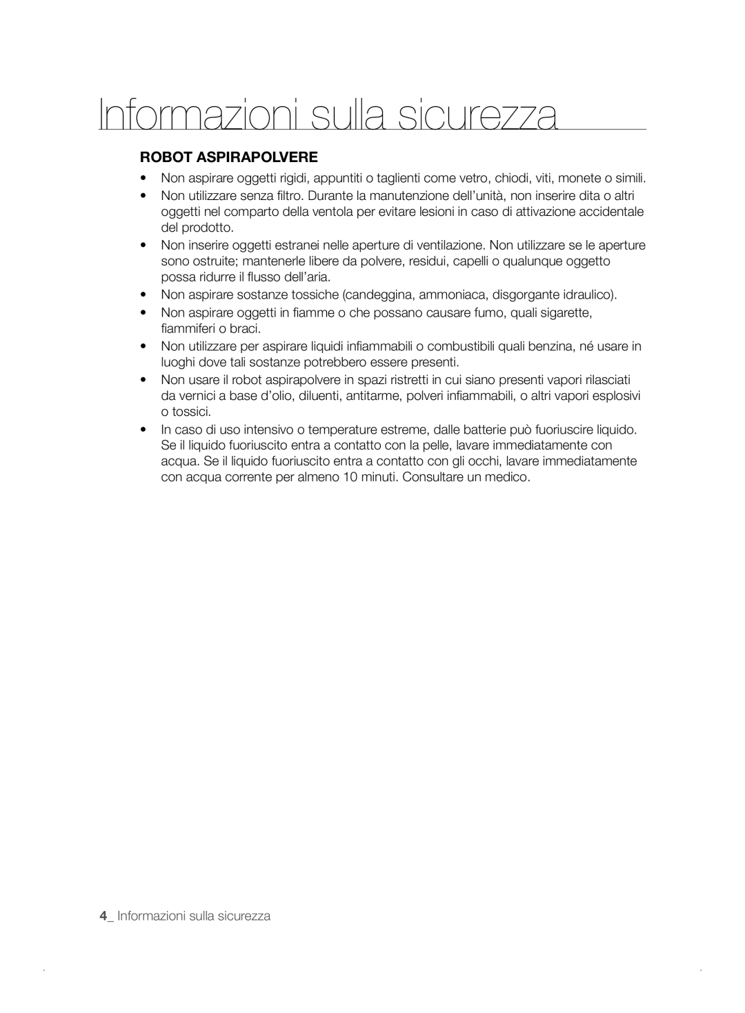 Samsung VCR8841T3B/XEF manual Robot Aspirapolvere, Informazioni sulla sicurezza 