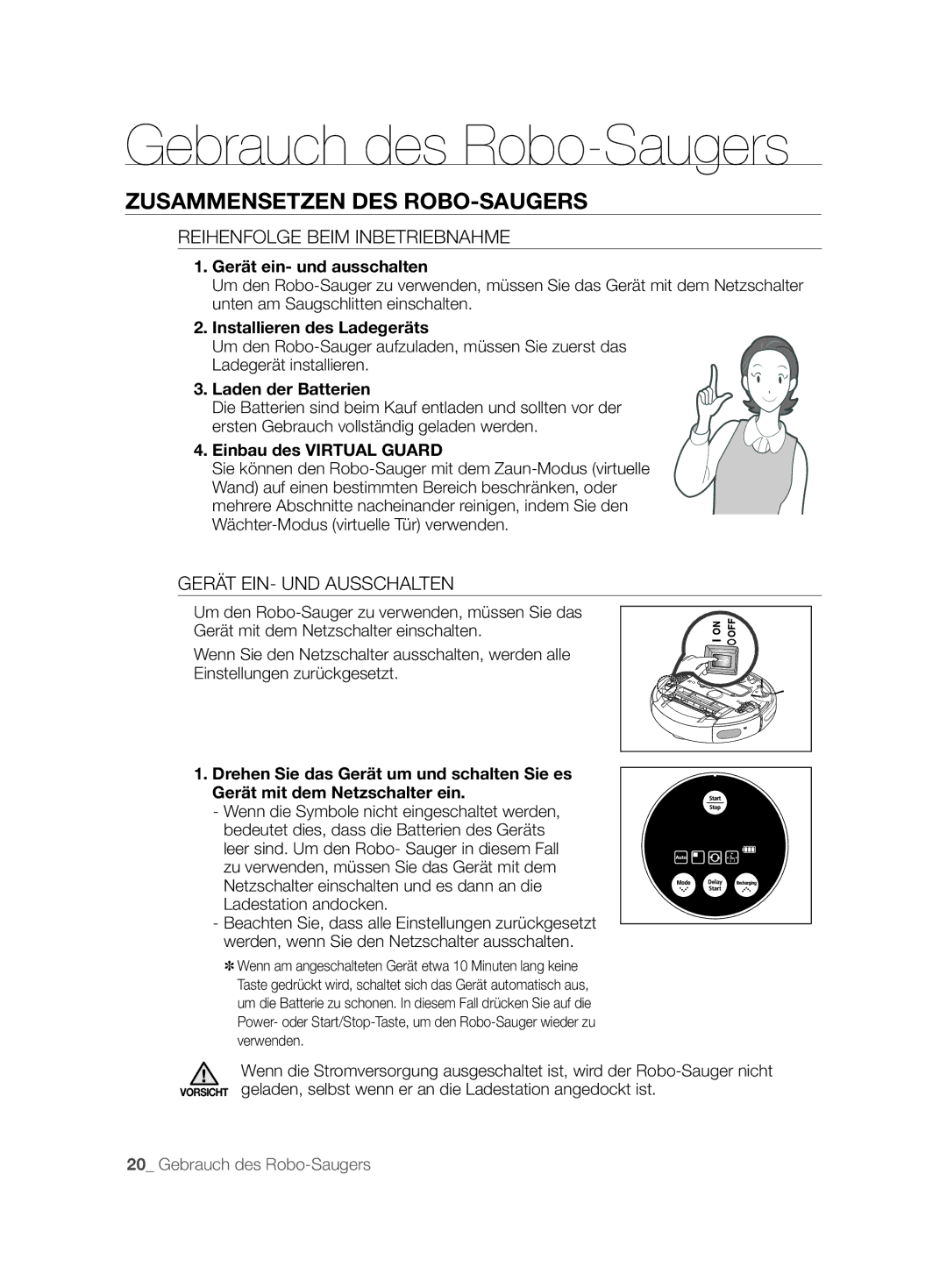 Samsung VCR8843T3R/XEG manual Gebrauch des Robo-Saugers, Zusammensetzen DES ROBO-SAUGERS, Reihenfolge Beim Inbetriebnahme 