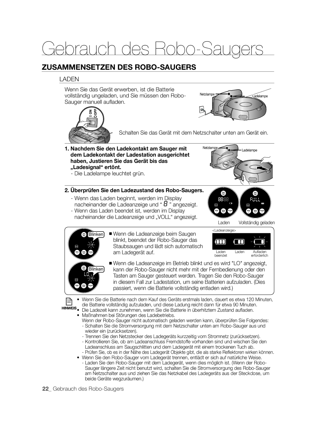 Samsung VCR8846T3A/XEG, VCR8843T3R/XEG, VCR8844T3B/XEG manual Laden, Überprüfen Sie den Ladezustand des Robo-Saugers 