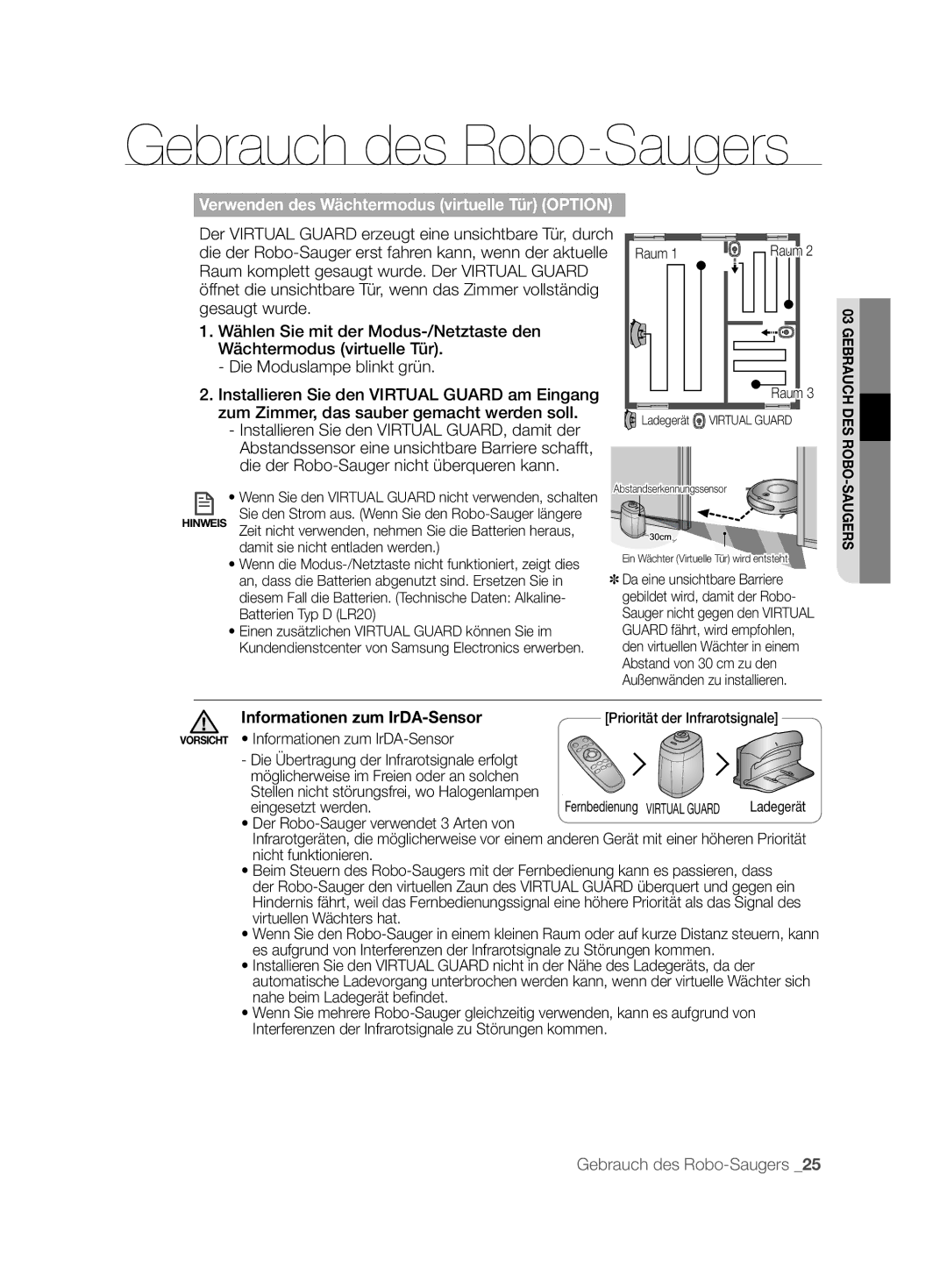 Samsung VCR8844T3B/XEG, VCR8843T3R/XEG manual Verwenden des Wächtermodus virtuelle Tür Option, Informationen zum IrDA-Sensor 