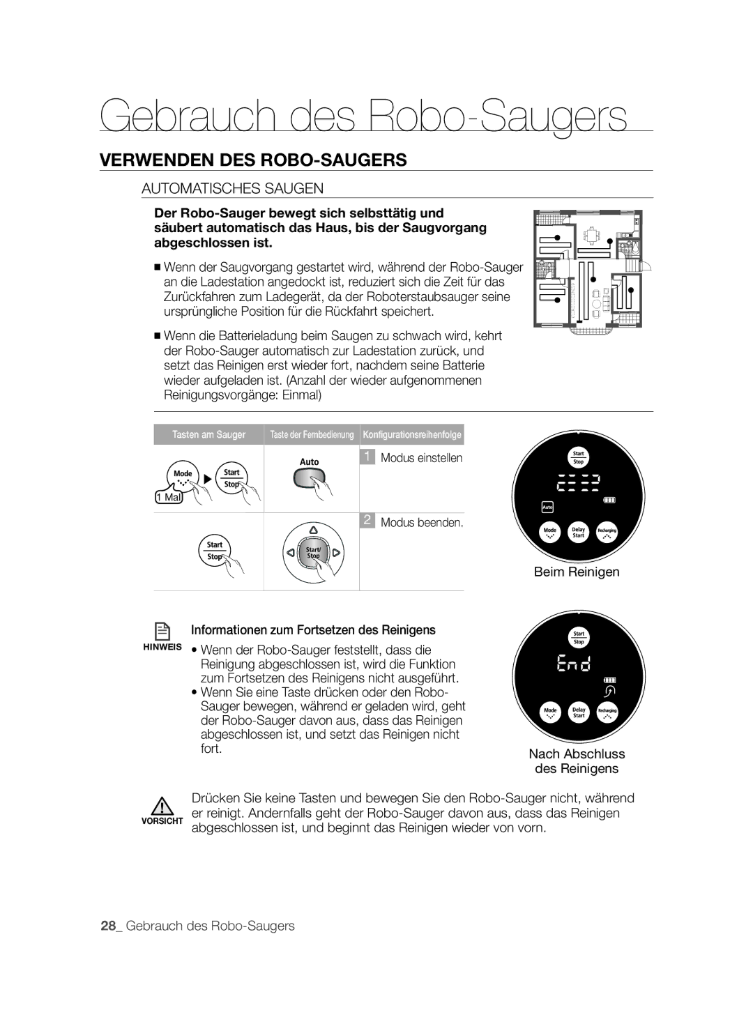 Samsung VCR8843T3R/XEG, VCR8844T3B/XEG manual Automatisches Saugen, Beim Reinigen Informationen zum Fortsetzen des Reinigens 