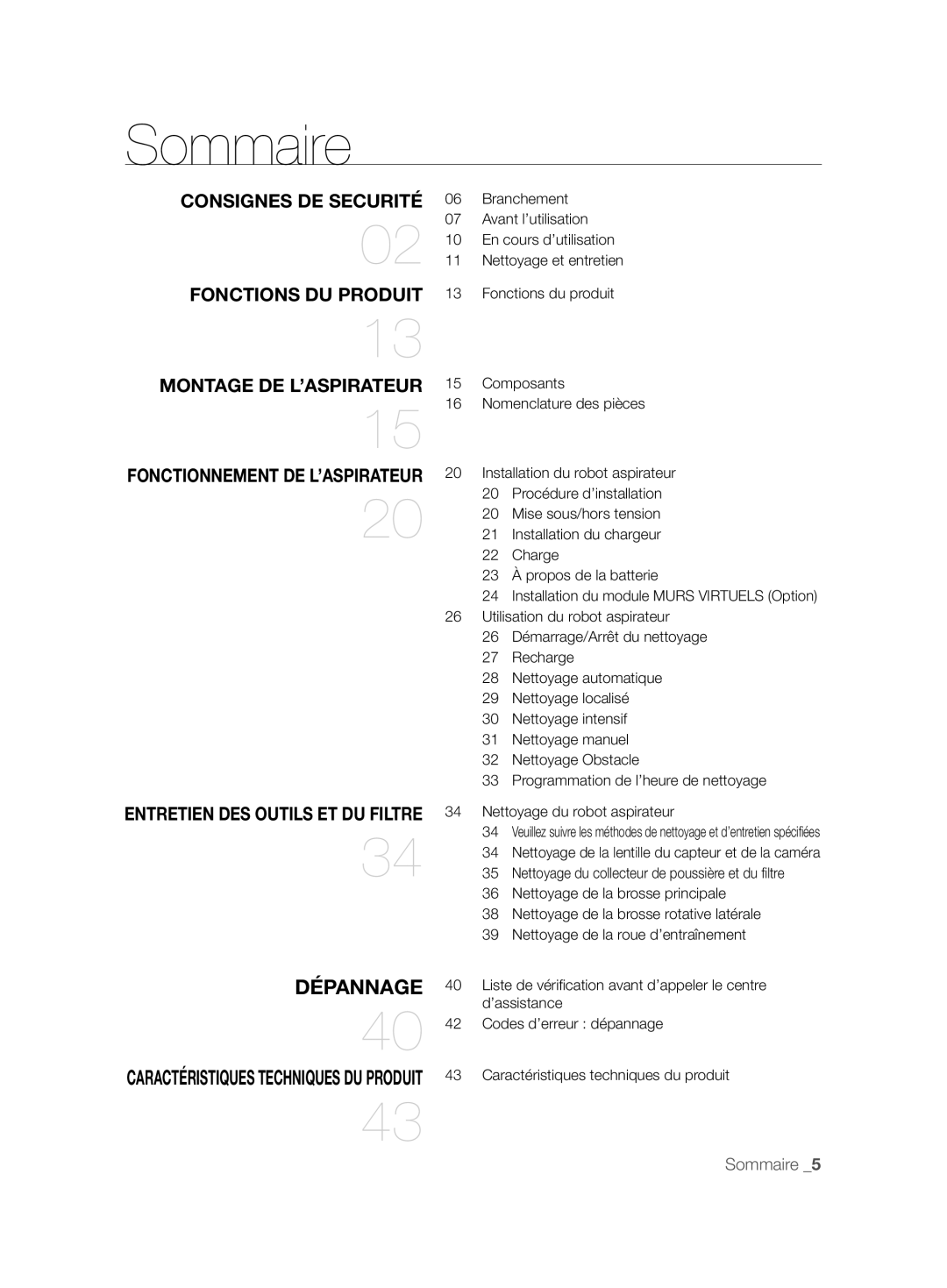 Samsung VCR8846T3R/XEF, VCR8843T3R/XEG manual Sommaire, Consignes DE Securité, Fonctions DU Produit, Montage DE L’ASPIRATEUR 