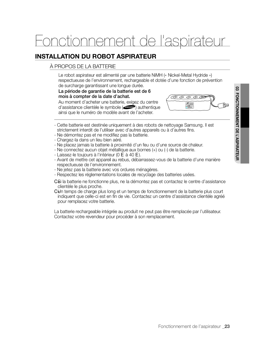 Samsung VCR8844T3B/XEG, VCR8843T3R/XEG, VCR8846T3A/XEG, VCR8846T3R/XEF manual Propos DE LA Batterie 