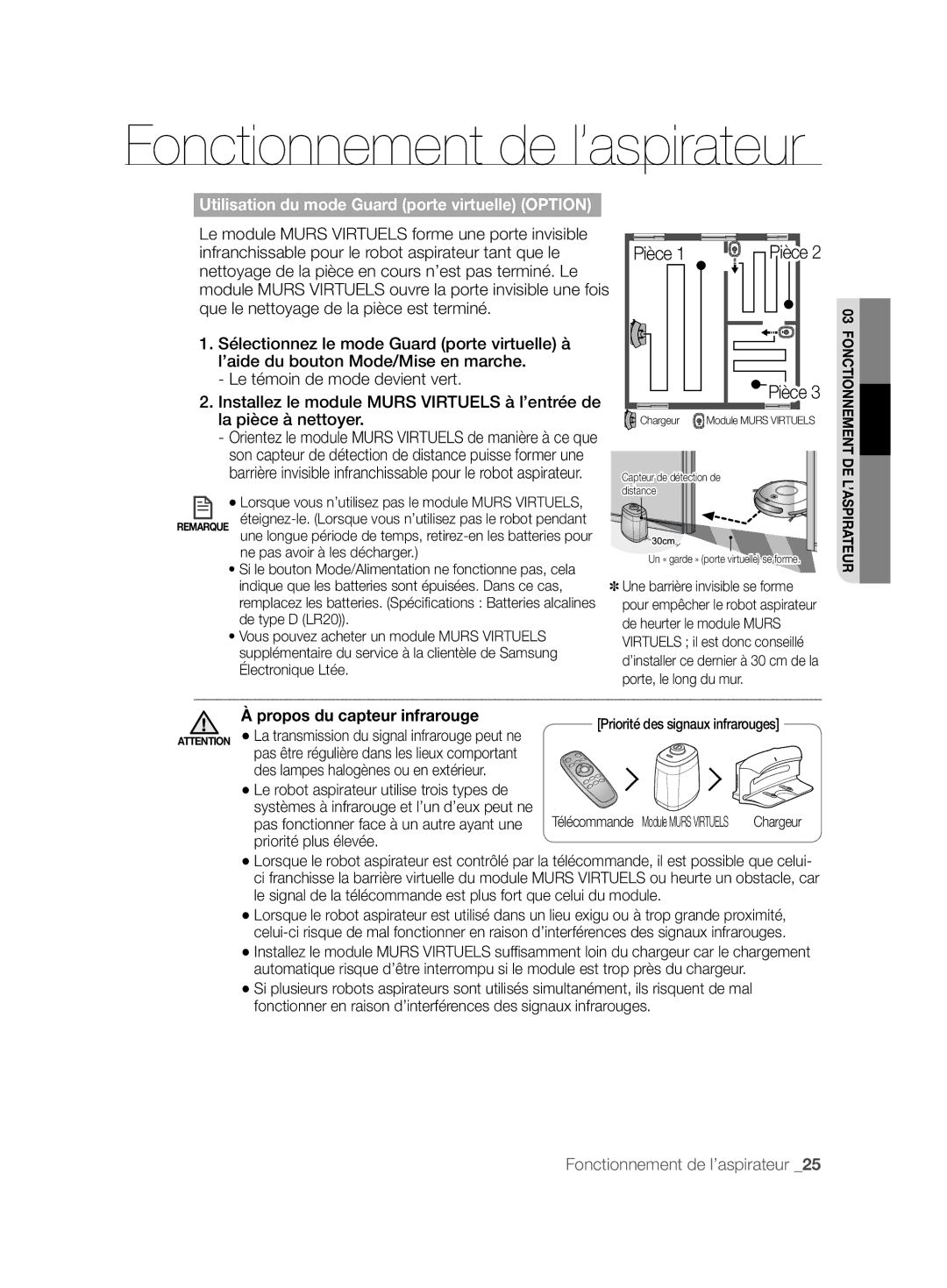 Samsung VCR8846T3R/XEF, VCR8843T3R/XEG manual Utilisation du mode Guard porte virtuelle Option, Propos du capteur infrarouge 