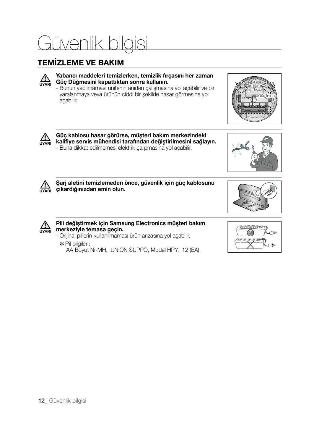 Samsung VCR8845T3A/BOL, VCR8845T3A/XET, VCR8845T3A/XTR, VCR8845T3A/XEF manual 12 Güvenlik bilgisi 