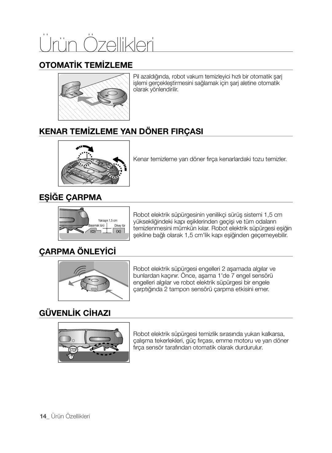 Samsung VCR8845T3A/XTR manual Otomatik Temizleme, Kenar Temizleme Yan Döner Fırçası, Eşiğe Çarpma, Çarpma Önleyici 