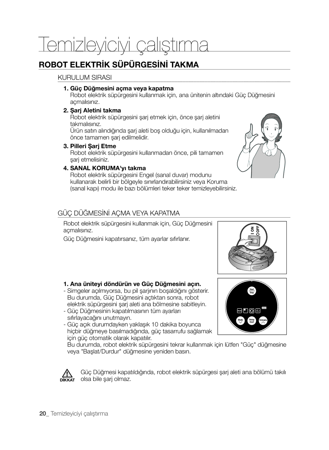 Samsung VCR8845T3A/BOL, VCR8845T3A/XET manual Temizleyiciyi çalıştırma, Robot elektrik süpürgesini takma, Kurulum sırası 