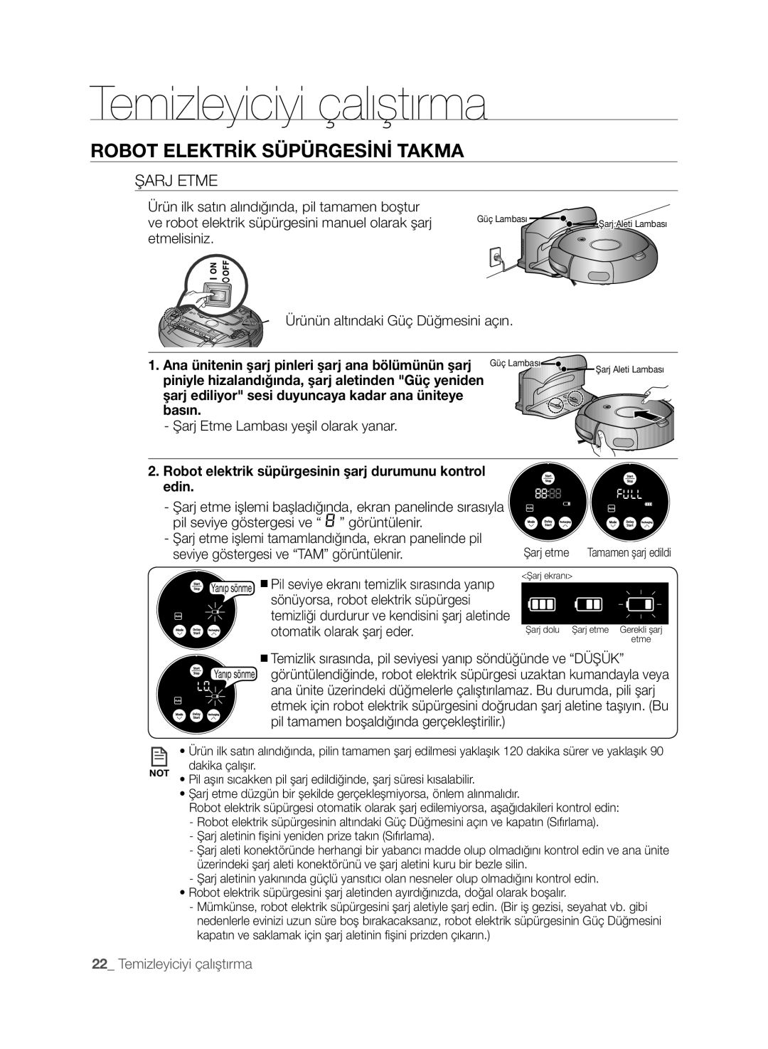 Samsung VCR8845T3A/XTR, VCR8845T3A/BOL, VCR8845T3A/XET Şarj etme, Robot elektrik süpürgesinin şarj durumunu kontrol edin 