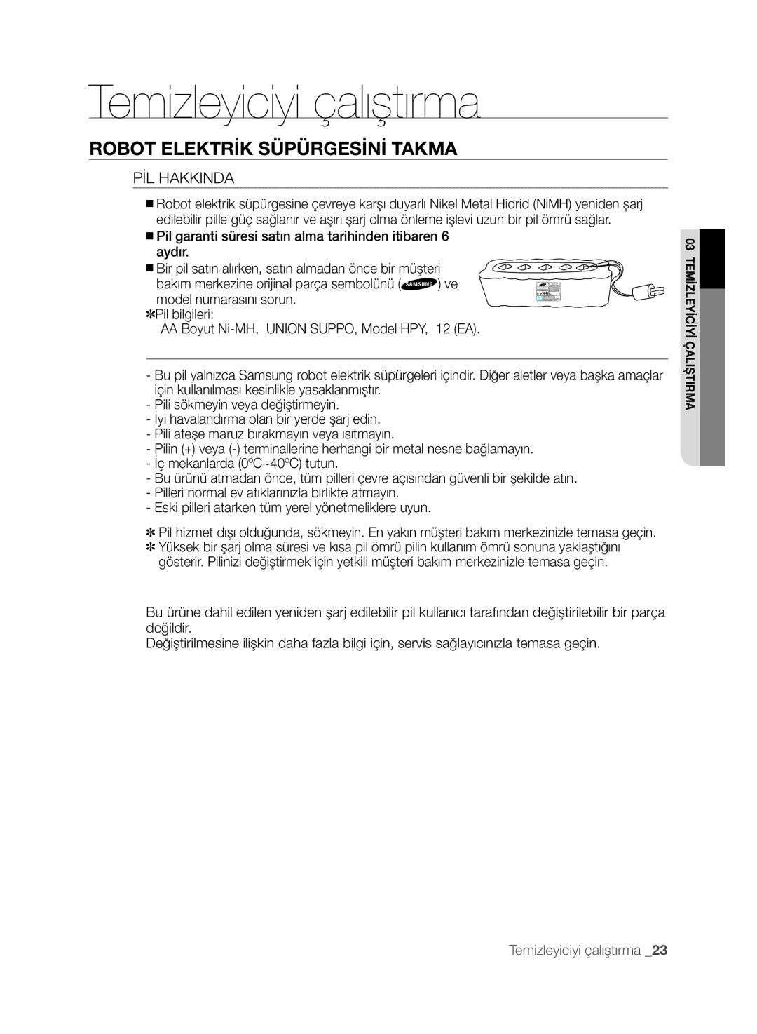 Samsung VCR8845T3A/XEF, VCR8845T3A/BOL, VCR8845T3A/XET, VCR8845T3A/XTR manual Pil Hakkında 