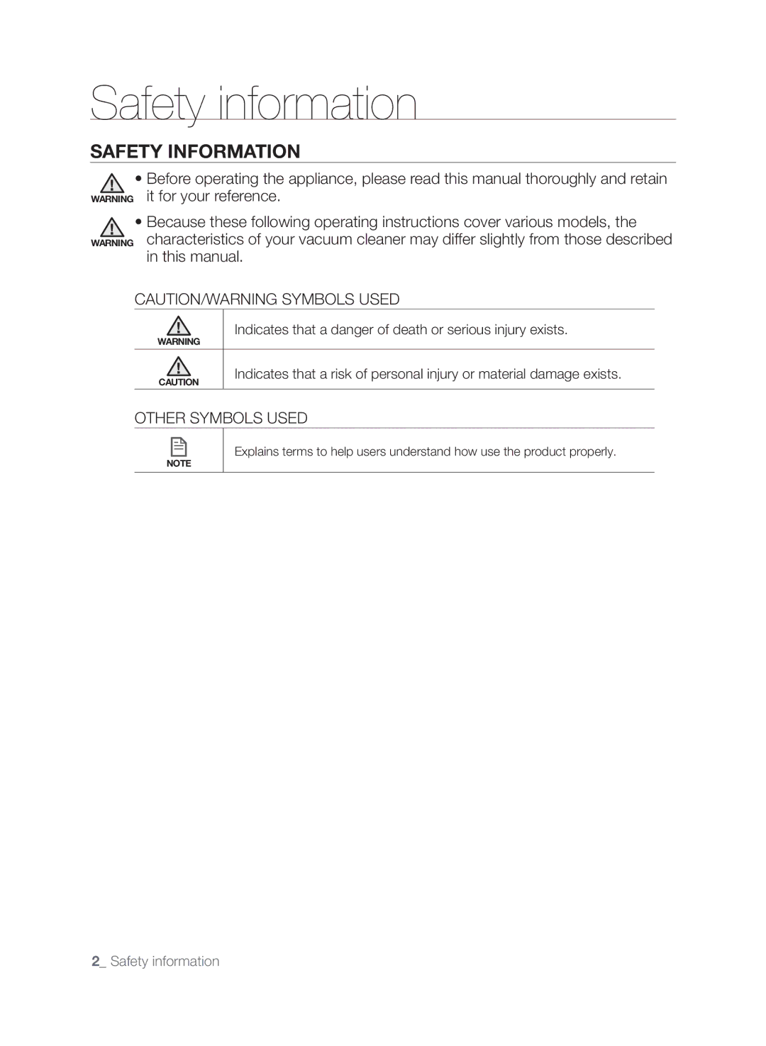 Samsung VCR8845T3A/XTR, VCR8845T3A/BOL manual Safety information, Indicates that a danger of death or serious injury exists 